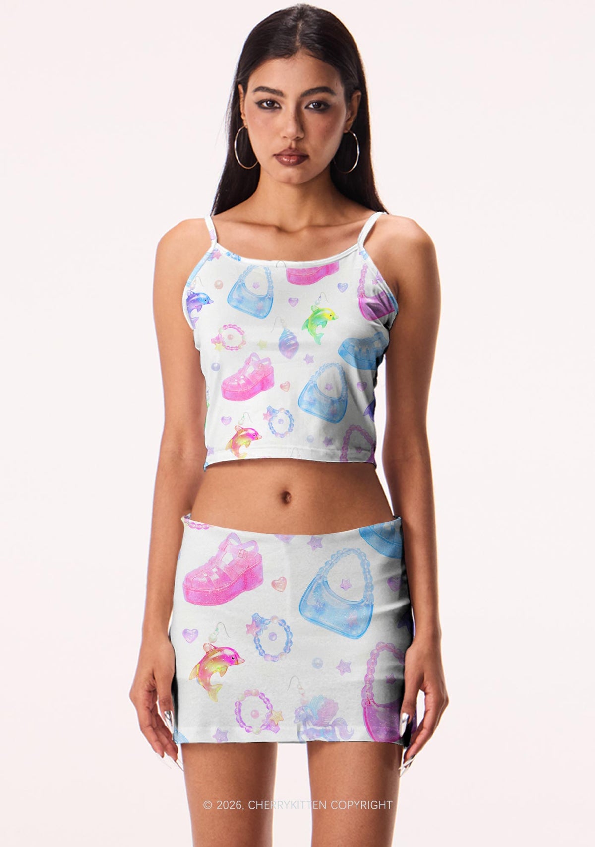 White Jelly Charms Y2K Print Mini Skirt Cherrykitten