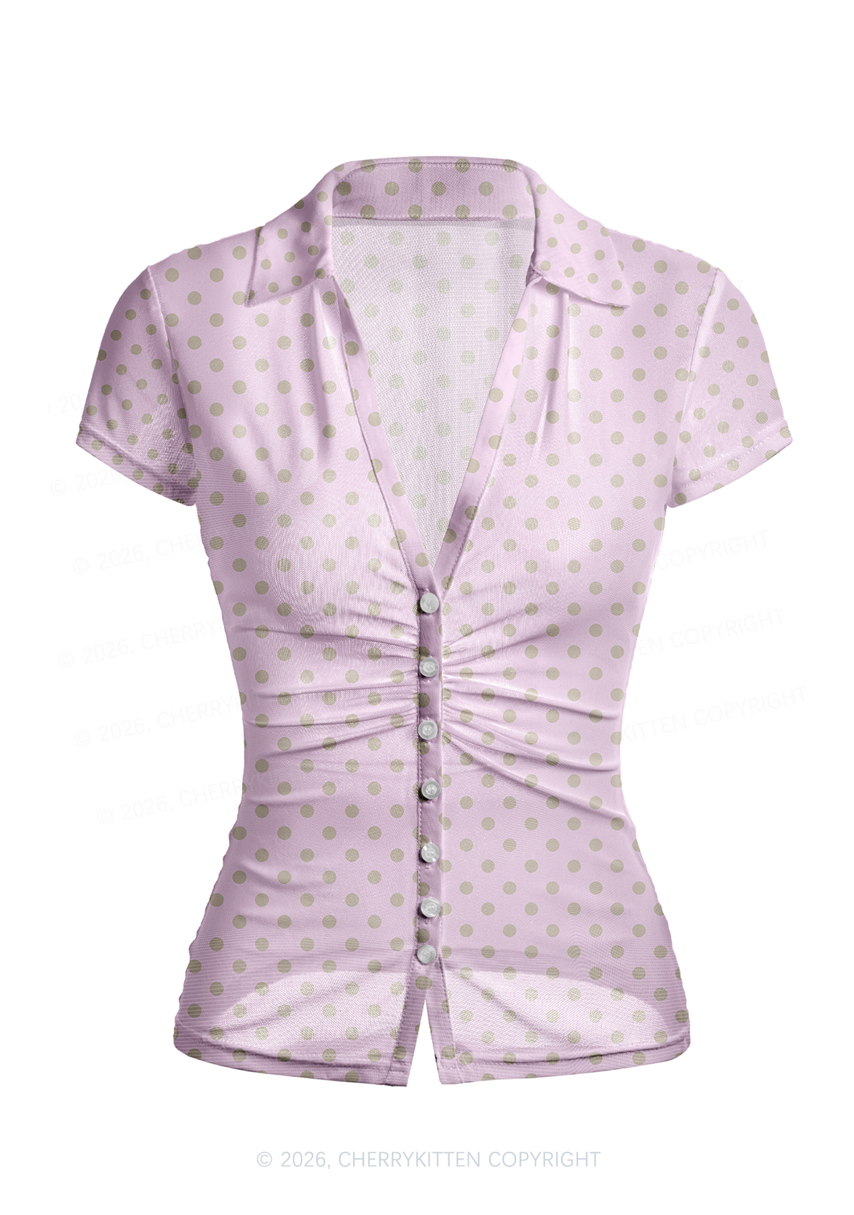 Brown Dots On Pink Y2K Mesh Ruched Waist V Neck Top Cherrykitten