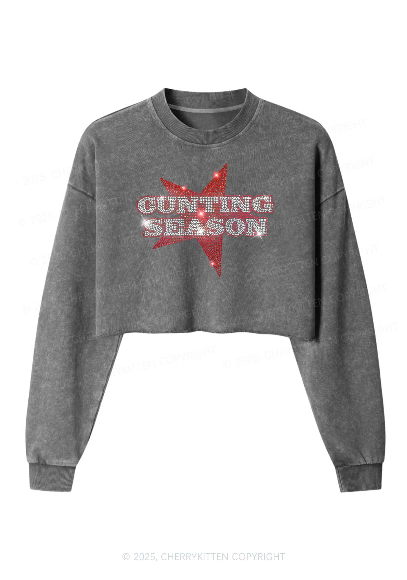 Rhinestone Cunting Season Y2K Crop Washed Sweatshirts Cherrykitten