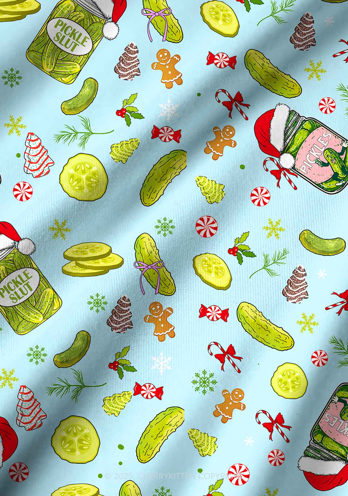Christmas Green Santa Hat Pickle Y2K Print Long Sleeve Pajama Set Cherrykitten