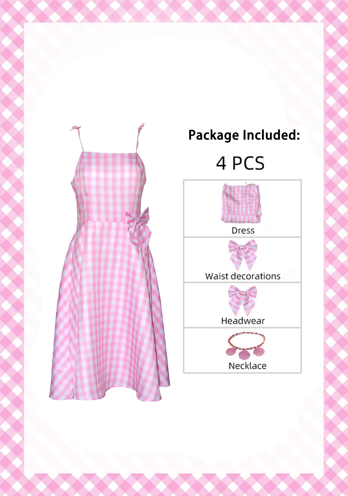 Pink Plaid Barb Halloween Cosplay Costume Dress 4 Pcs Set