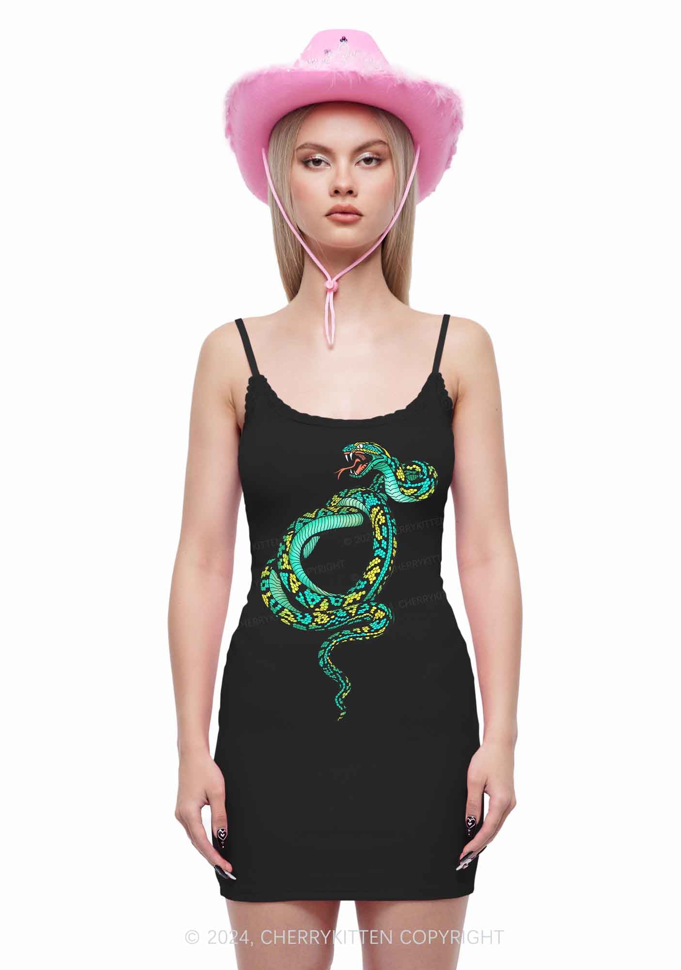 Green Snake Y2K Lace Slip Dress Cherrykitten