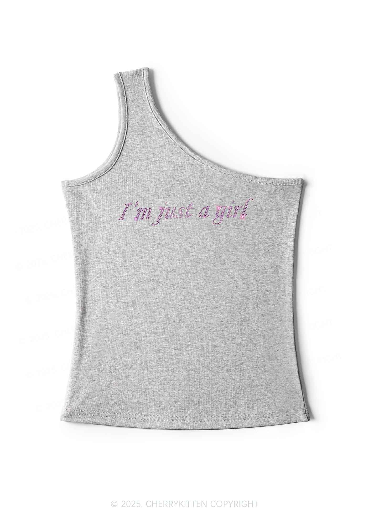 Rhinestone Just A Girl Y2K One Shoulder Tank Top Cherrykitten