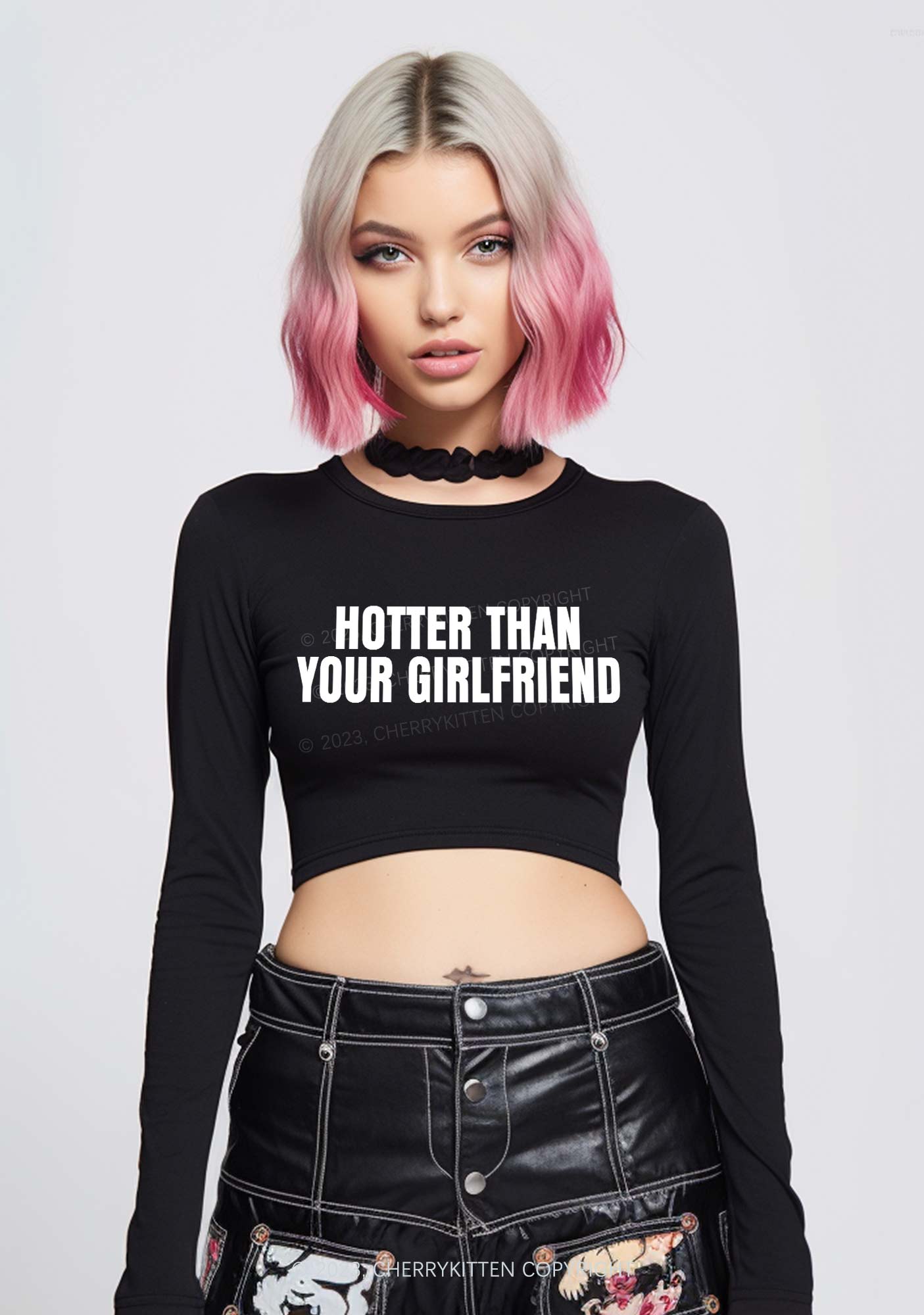 Hotter Than Your Girlfriend Long Sleeve Crop Top Cherrykitten