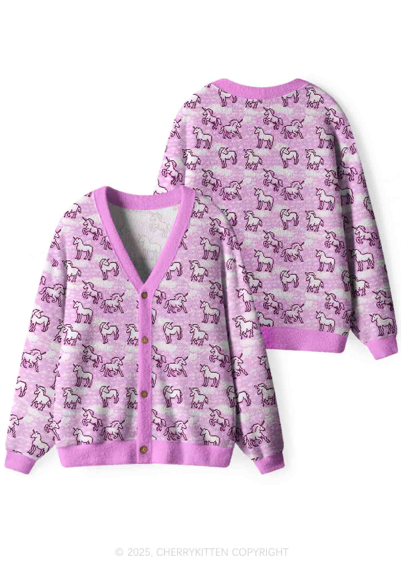 Pink Unicorn Y2K Christmas Cardigan Knit Sweatshirt Cherrykitten