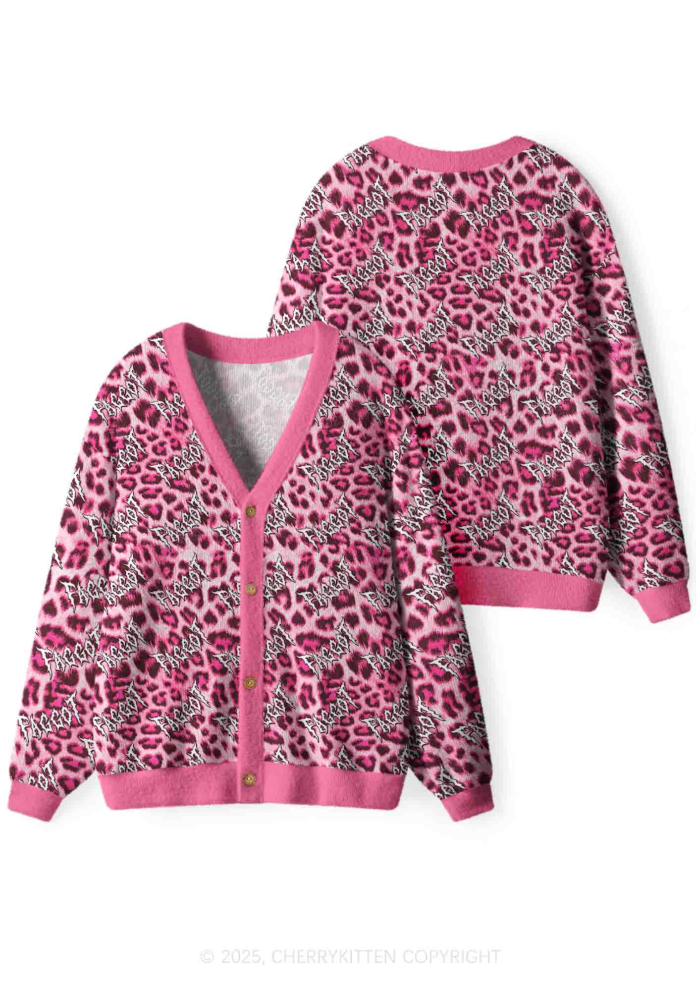 Pink Leopard Faggot Pride Y2K Christmas Cardigan Knit Sweatshirt Cherrykitten
