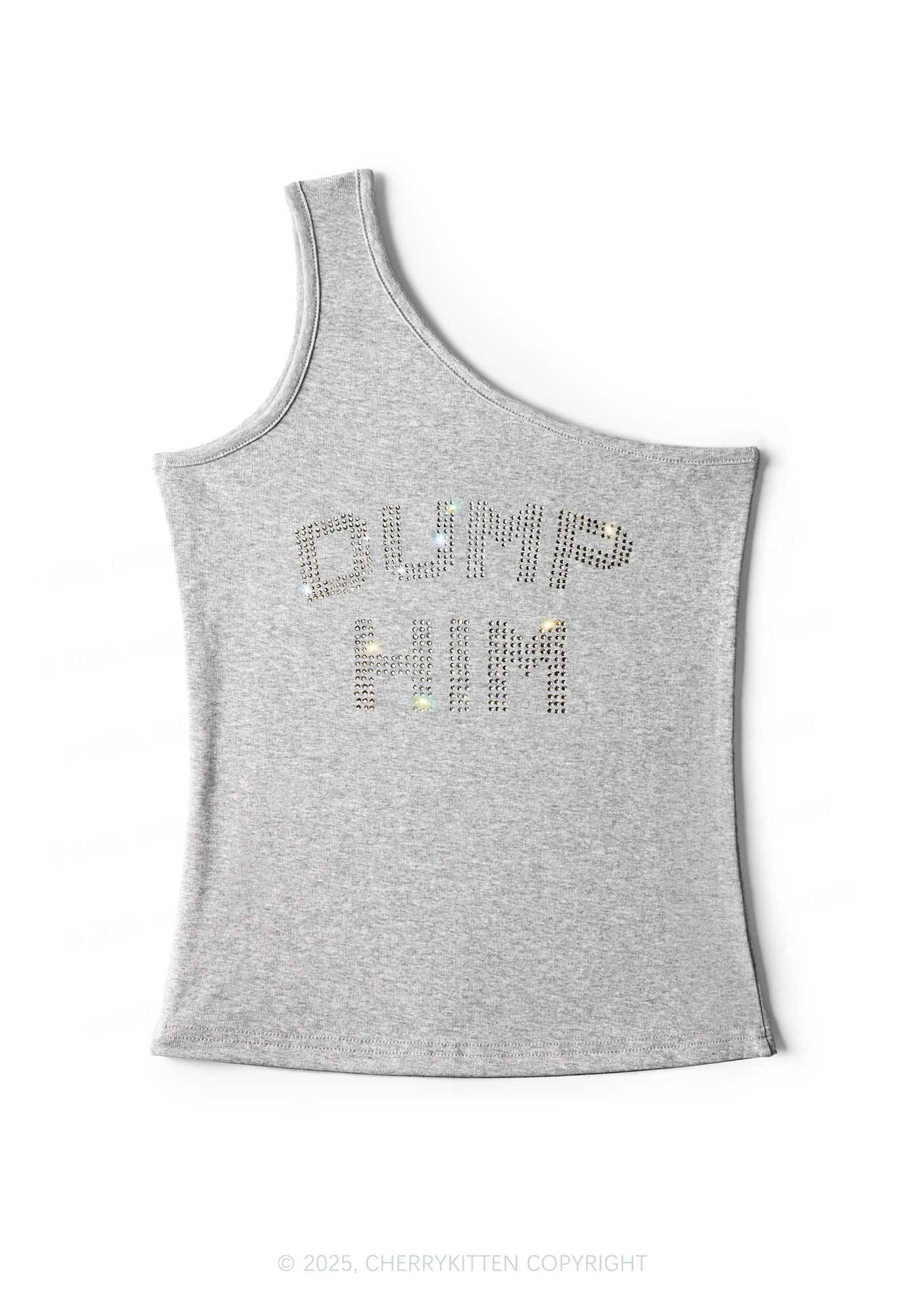 Rhinestone Dump Him Y2K One Shoulder Tank Top Cherrykitten