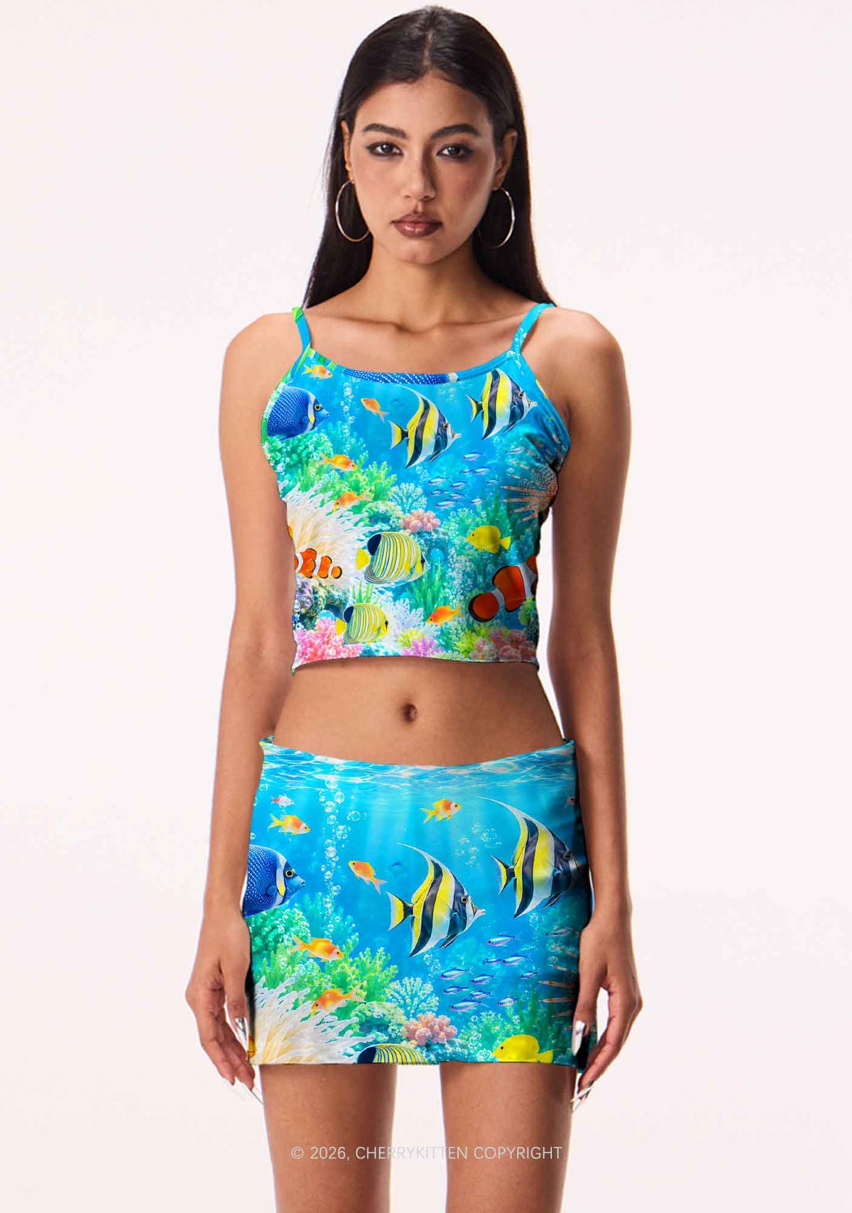 Ocean Fish Y2K Print Mini Skirt Cherrykitten