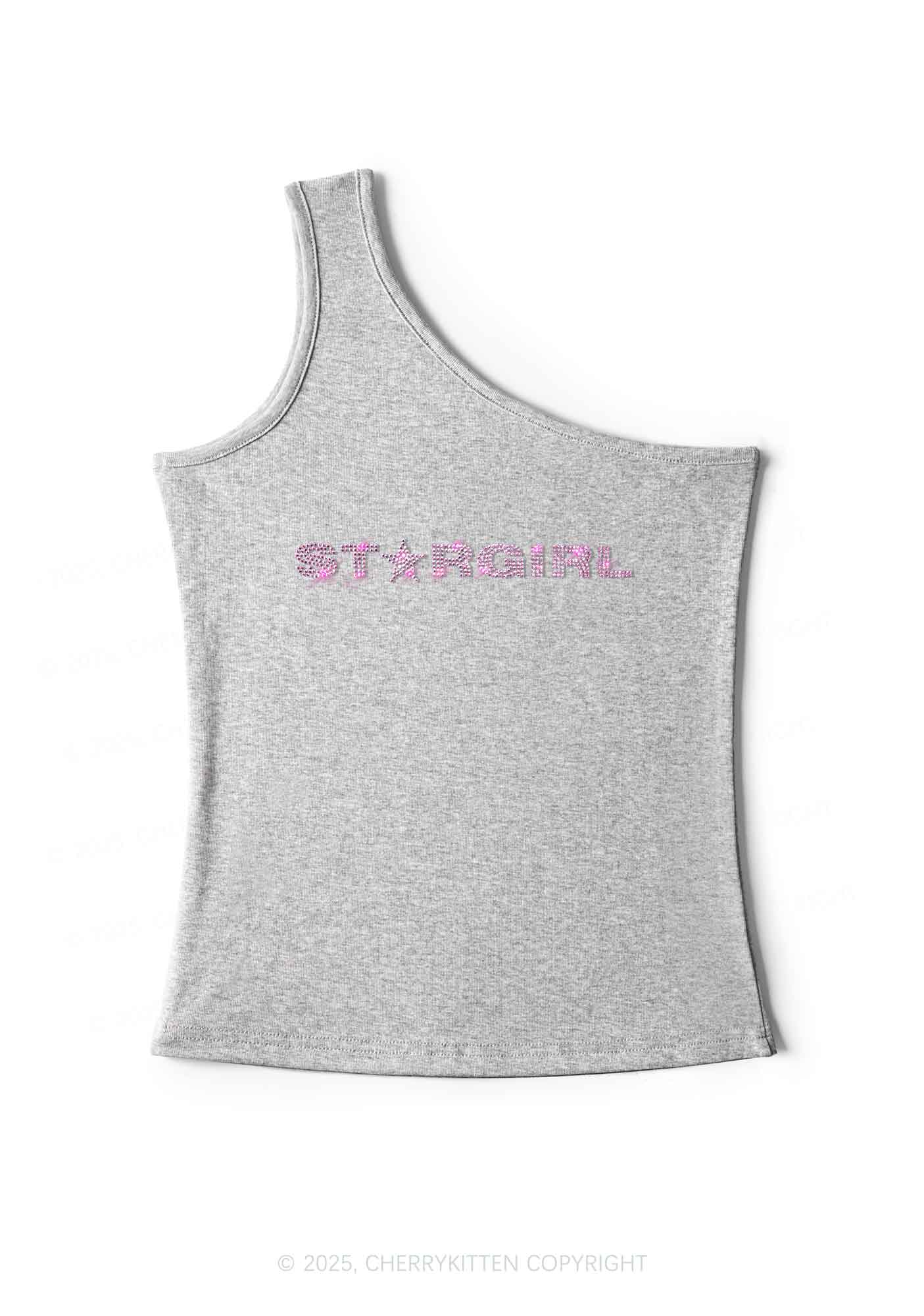 Rhinestone Red Stargirl Y2K One Shoulder Tank Top Cherrykitten