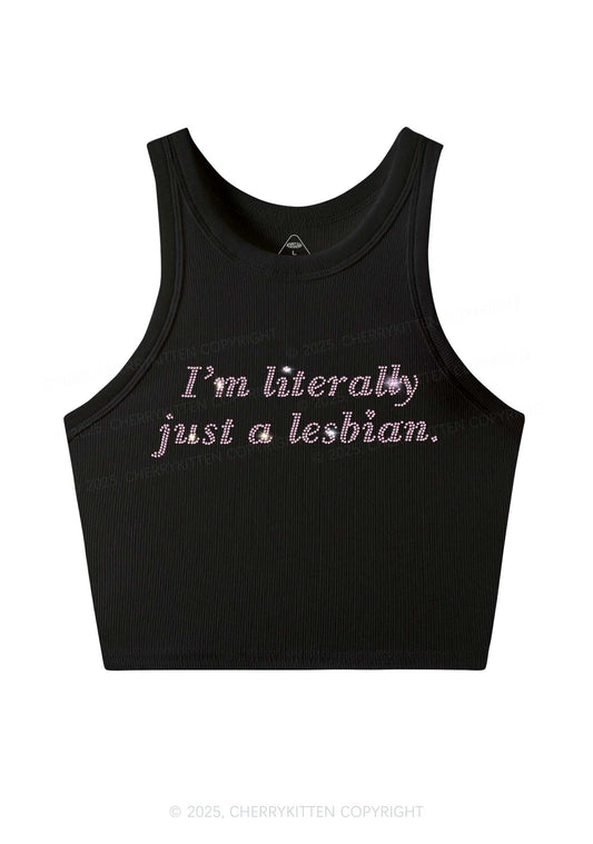 Rhinestone Literally Just A Lesbian Pride Y2K Crop Tank Top Cherrykitten