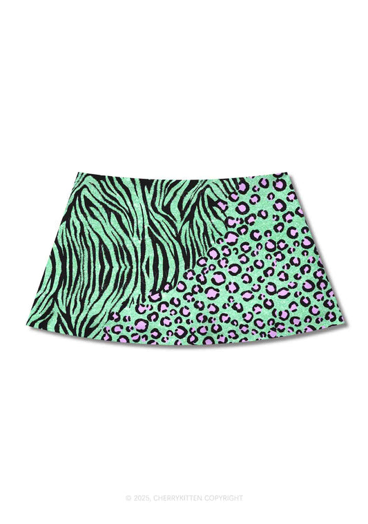 Mint Leopard Y2K Print Mini Skirt Cherrykitten