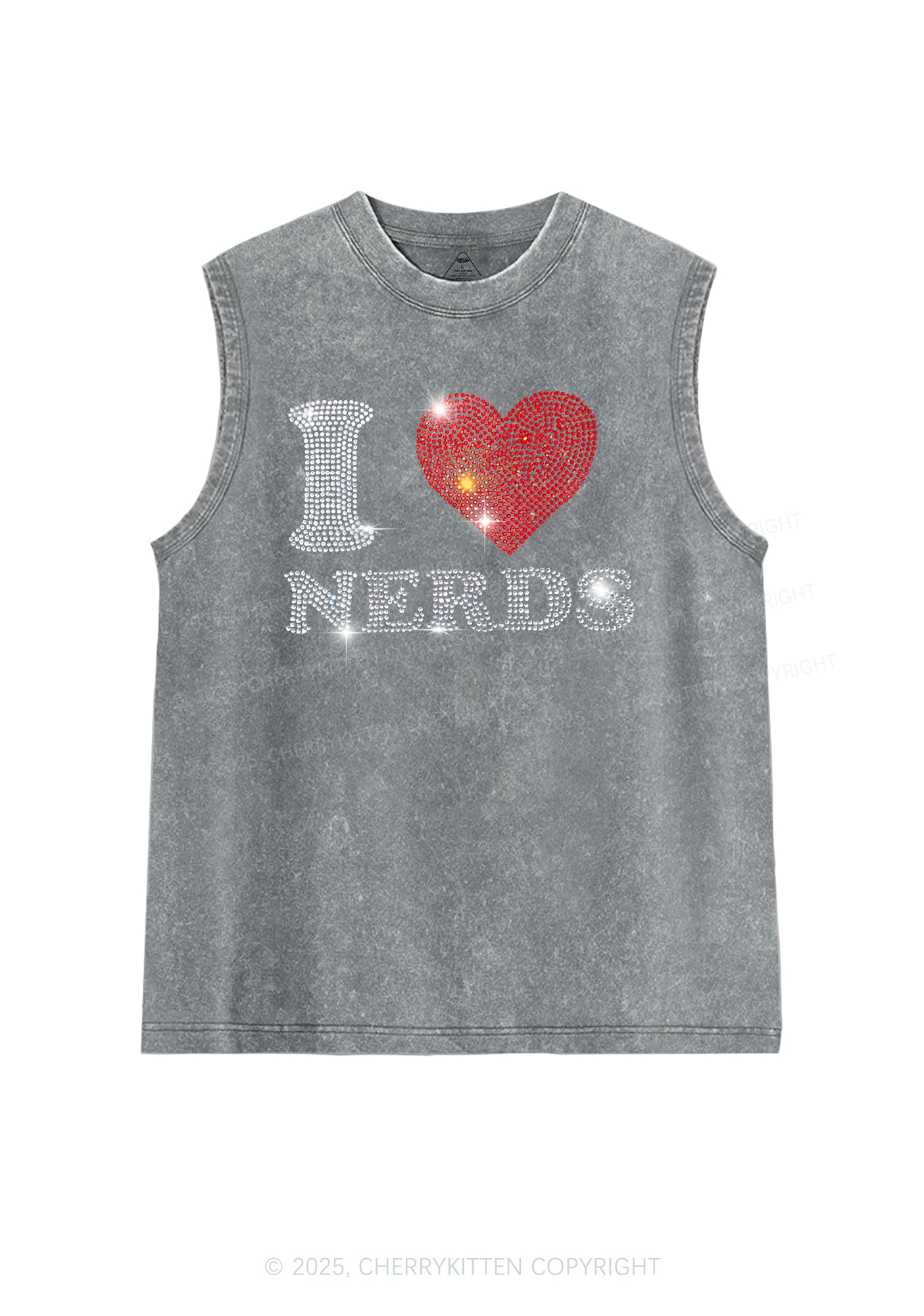 Rhinestone I Love Nerds Y2K Washed Muscle Tank Cherrykitten