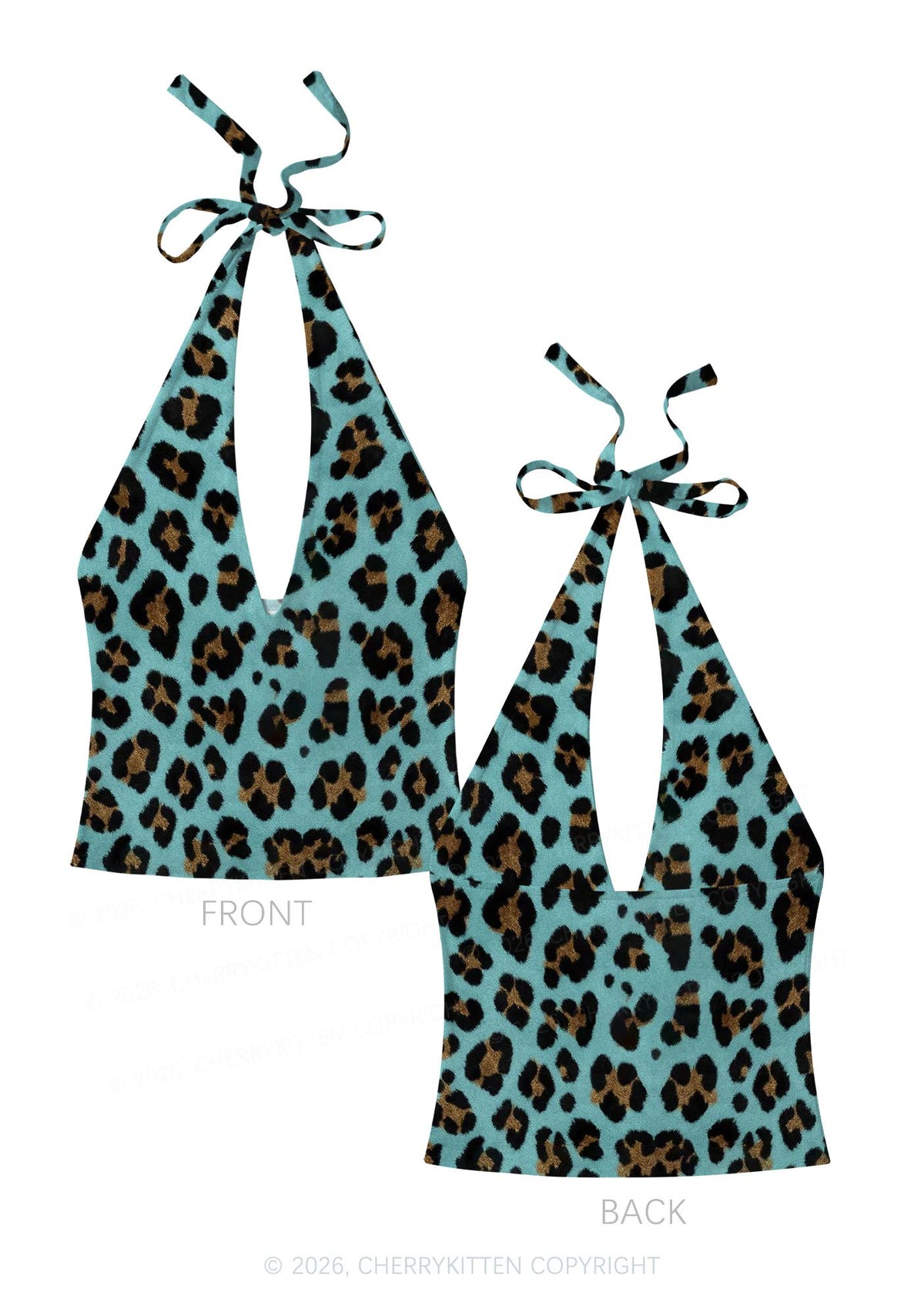 Mint Green Leopard Y2K Print Halter Deep V Neck Cami Cherrykitten
