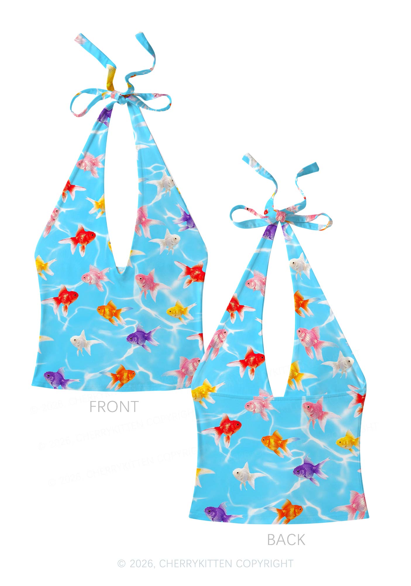 Water Ripple Goldfish Y2K Print Halter Deep V Neck Cami Cherrykitten