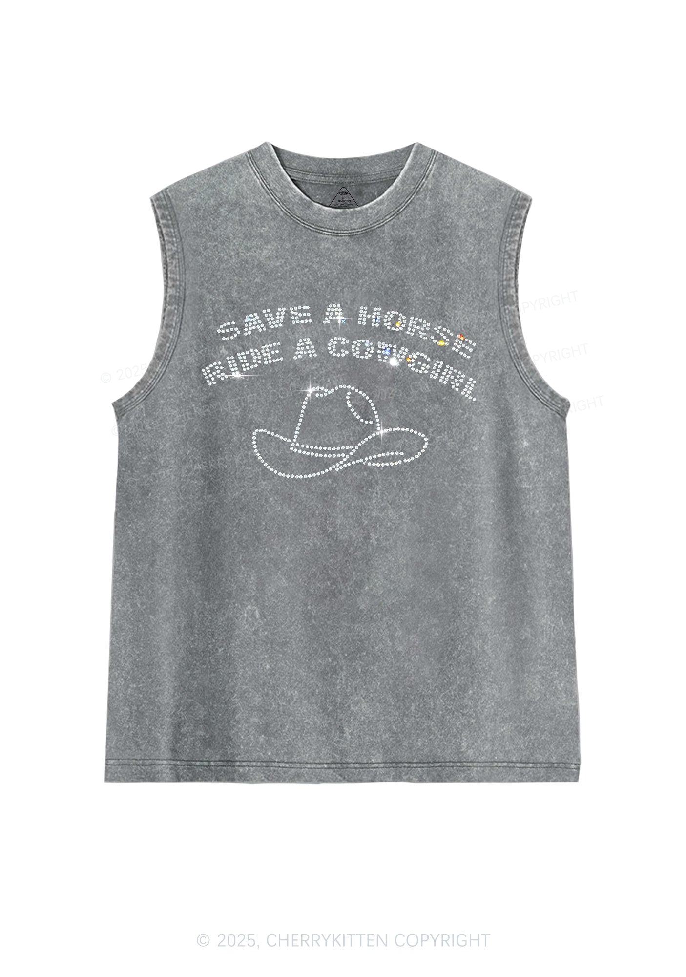 Rhinestone Save Horse Ride Cowgirl Y2K Washed Muscle Tank Cherrykitten