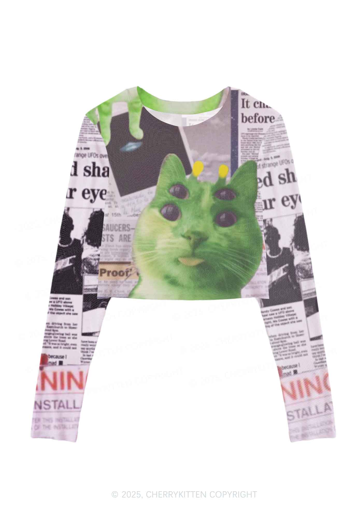 Green Alien Kitten Y2K Mesh Long Sleeve Crop Top Cherrykitten