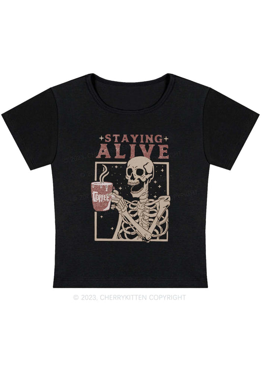 Staying Alive Skeleton Halloween Y2K Baby Tee Cherrykitten