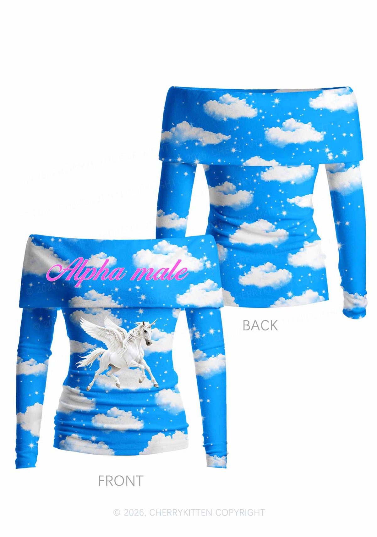 Blue Sky Alpha Male Unicorn Y2K Off Shoulder Fold Over Knit Top Cherrykitten