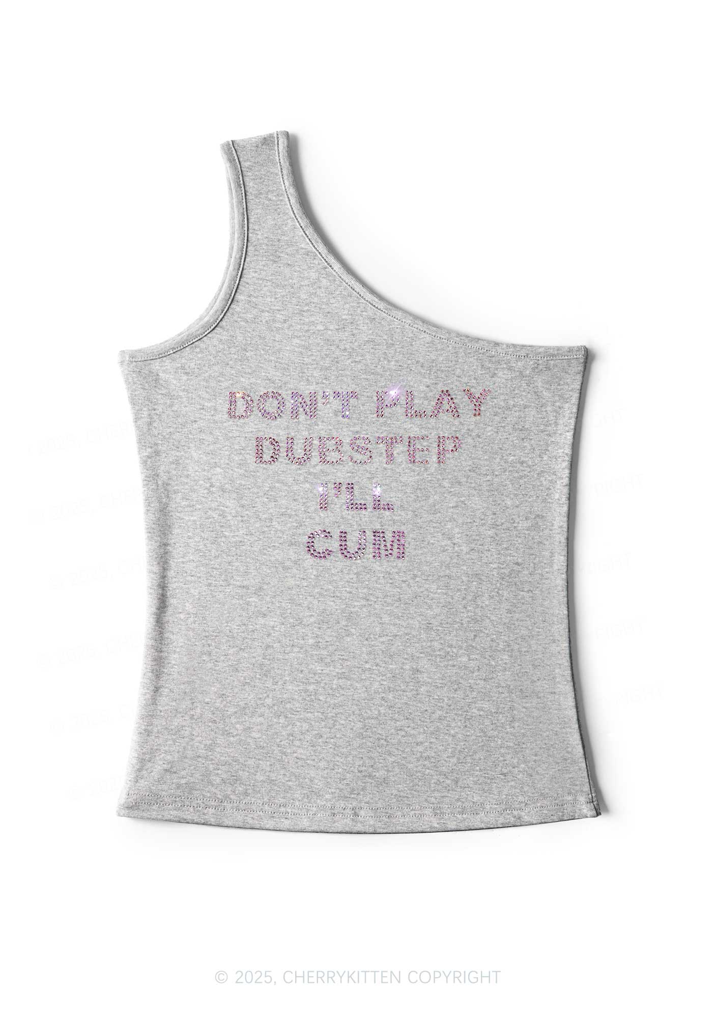 Rhinestone Dont Play Dubstep Y2K One Shoulder Tank Top Cherrykitten