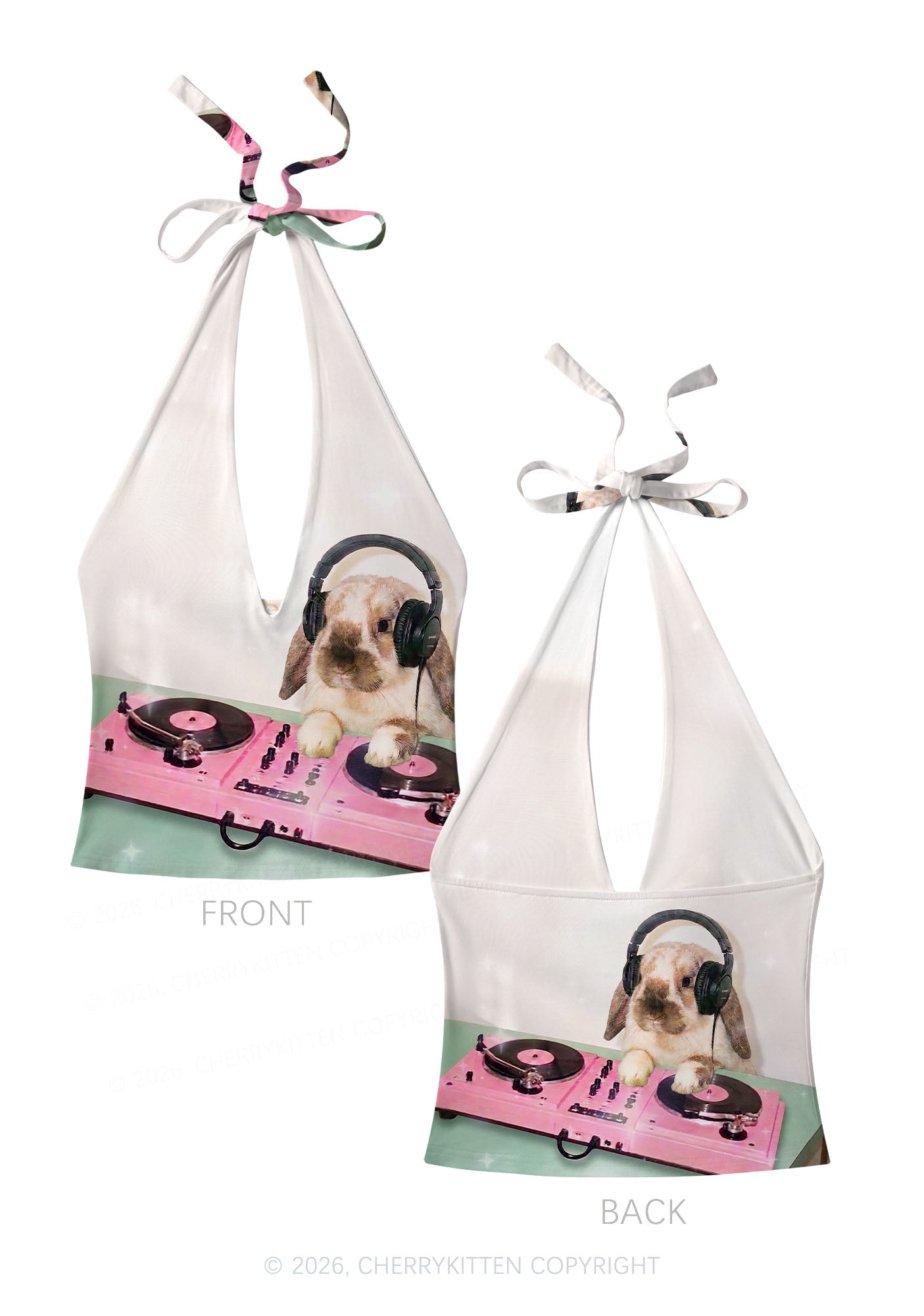 Lop Eared Bunny DJ Y2K Print Halter Deep V Neck Cami Cherrykitten