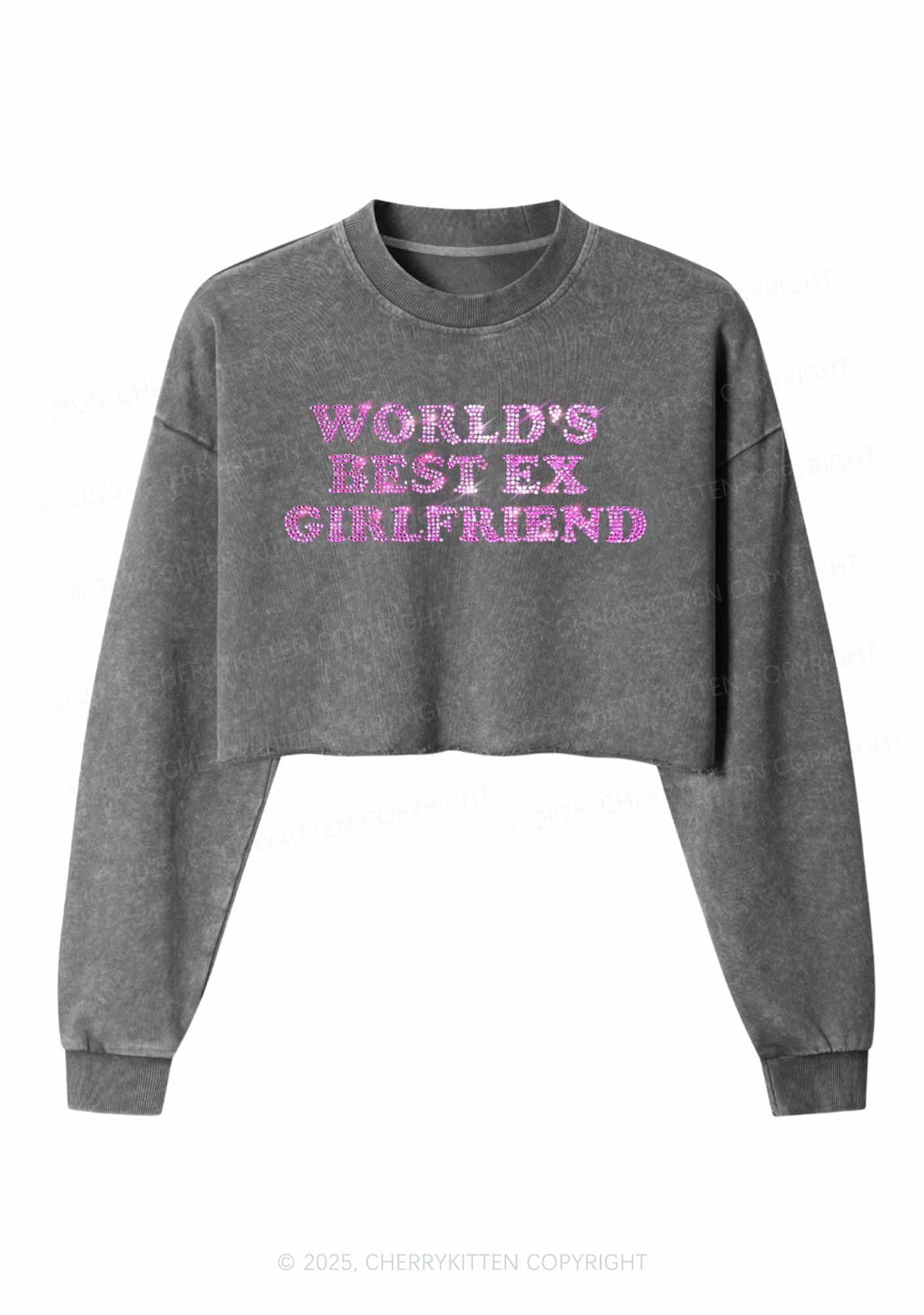 Rhinestone Best Ex Girlfriend Y2K Crop Washed Sweatshirts Cherrykitten