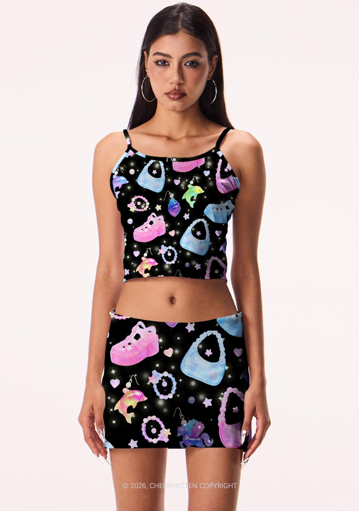 Black Jelly Charms Y2K Print Mini Skirt Cherrykitten