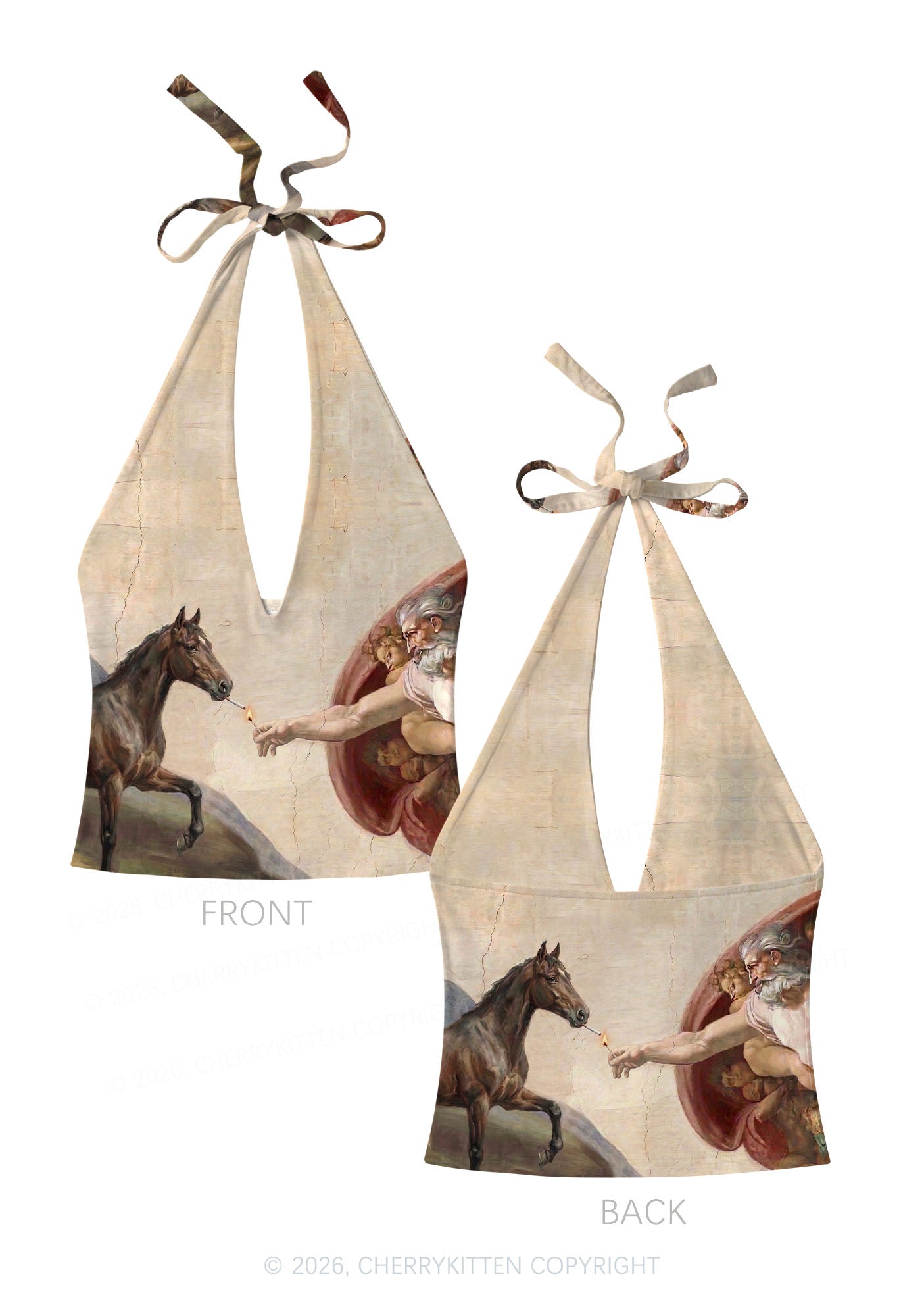 God Smoking Horse Y2K Print Halter Deep V Neck Cami Cherrykitten