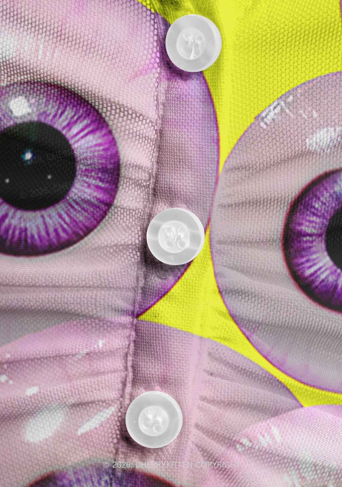 Halloween Purple Eyeballs Y2K Mesh Ruched Waist V Neck Top Cherrykitten