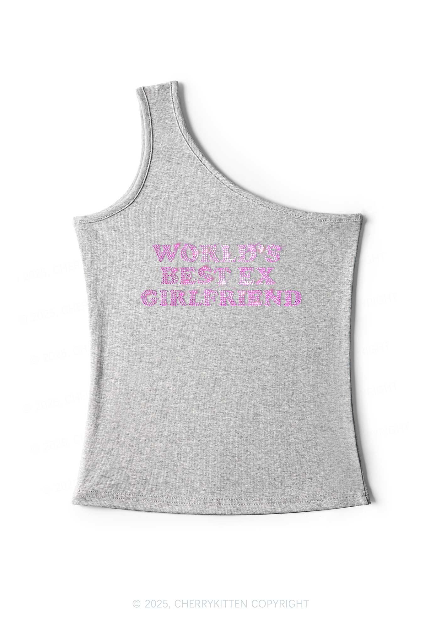 Rhinestone Best Ex Girlfriend Y2K One Shoulder Tank Top Cherrykitten