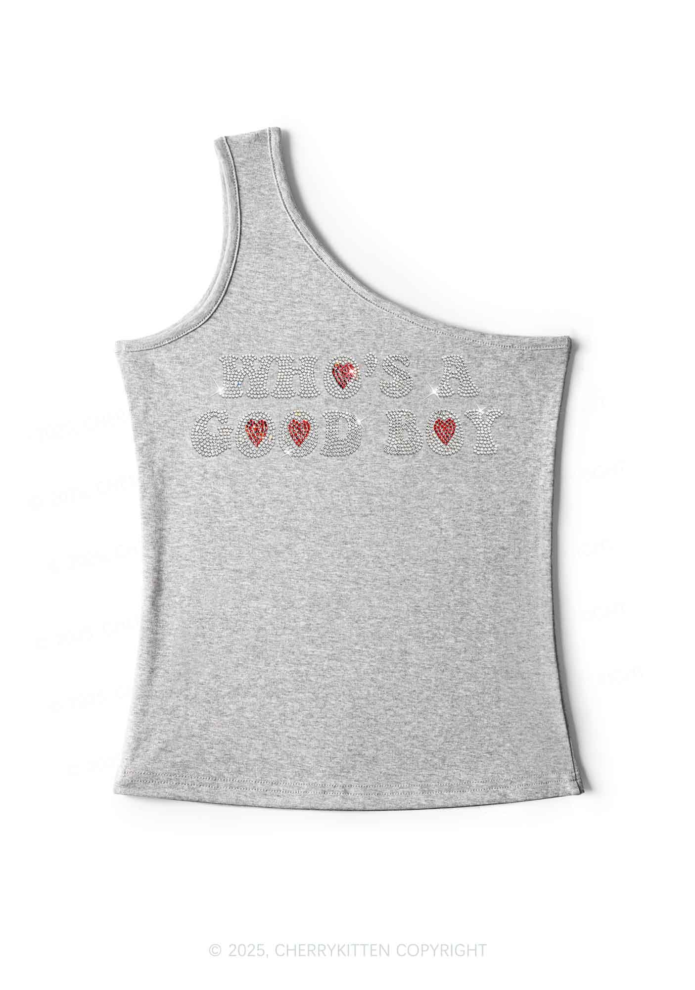 Rhinestone Whos A Good Boy Y2K One Shoulder Tank Top Cherrykitten