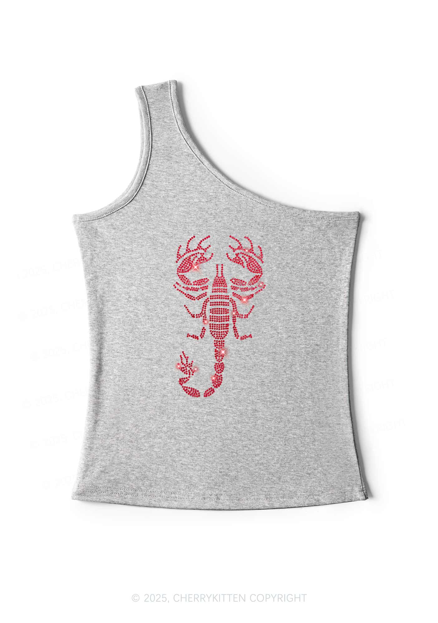 Rhinestone Red Scorpion Y2K One Shoulder Tank Top Cherrykitten