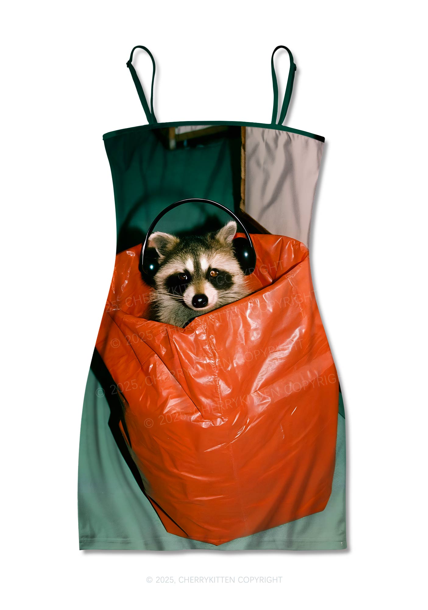 Raccoon With Headphones Y2K Print Slip Dress Cherrykitten
