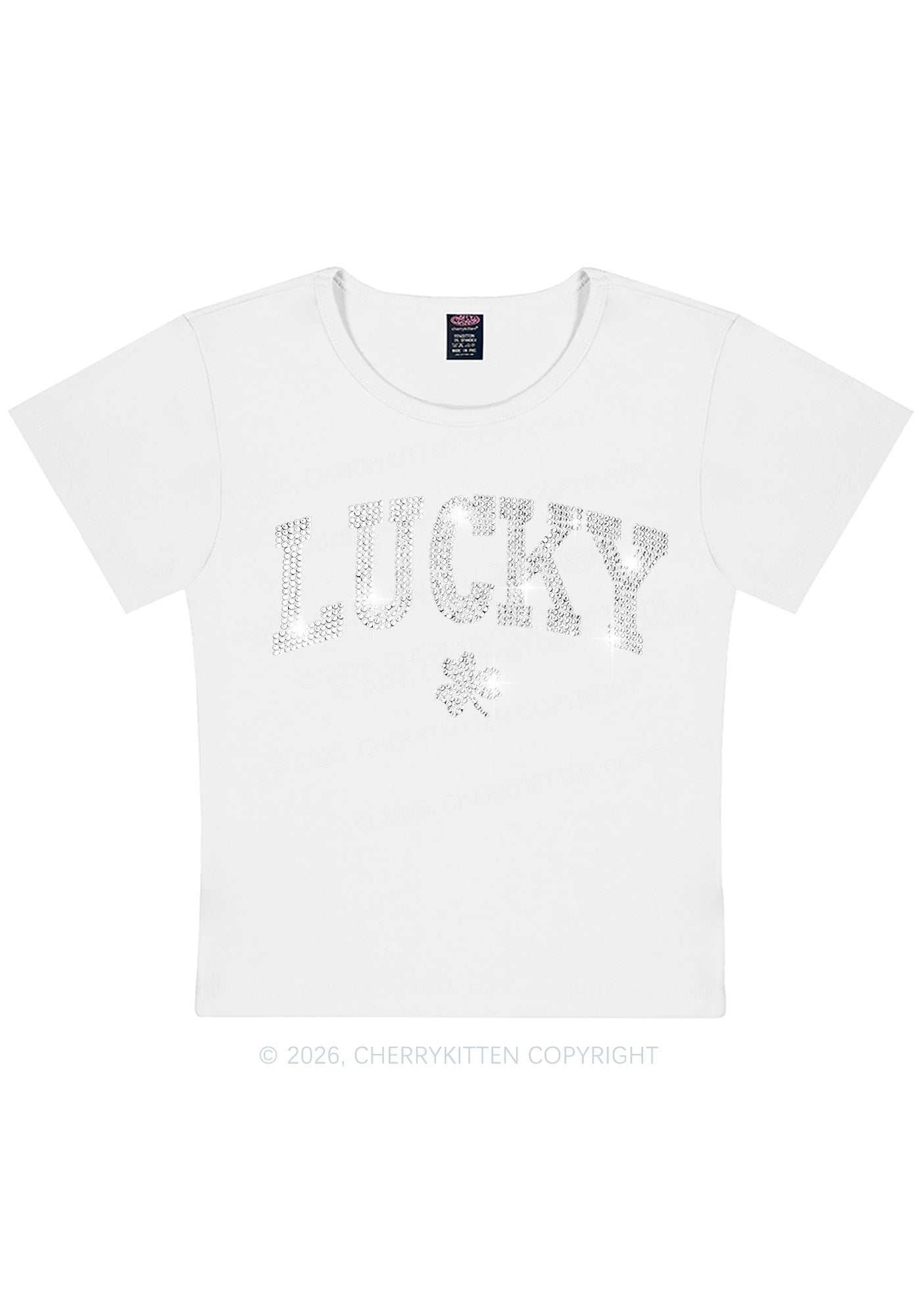 Rhinestone Lucky Shamrock St Patricks Y2K Baby Tee Cherrykitten