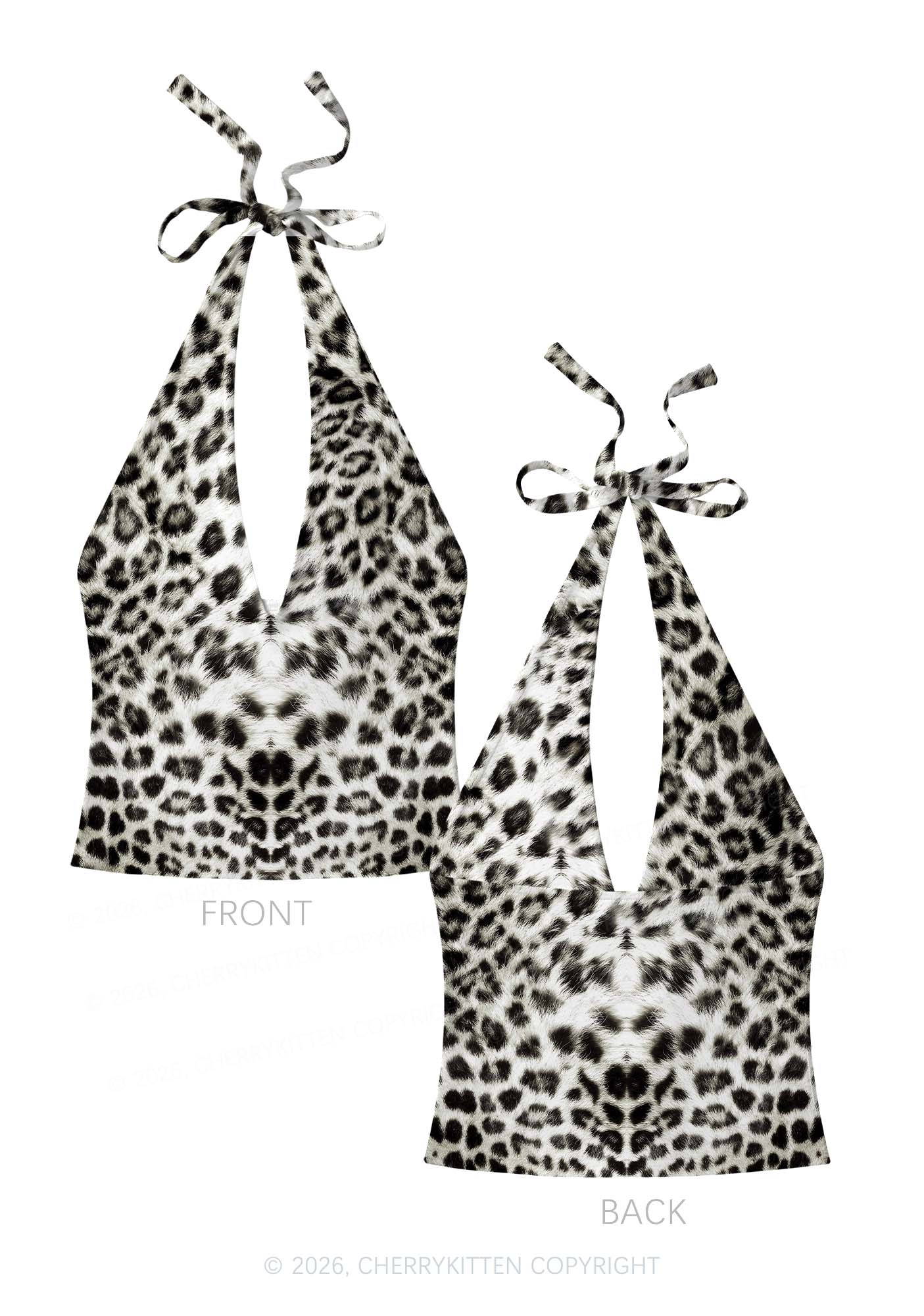 Snow Leopard Y2K Print Halter Deep V Neck Cami Cherrykitten