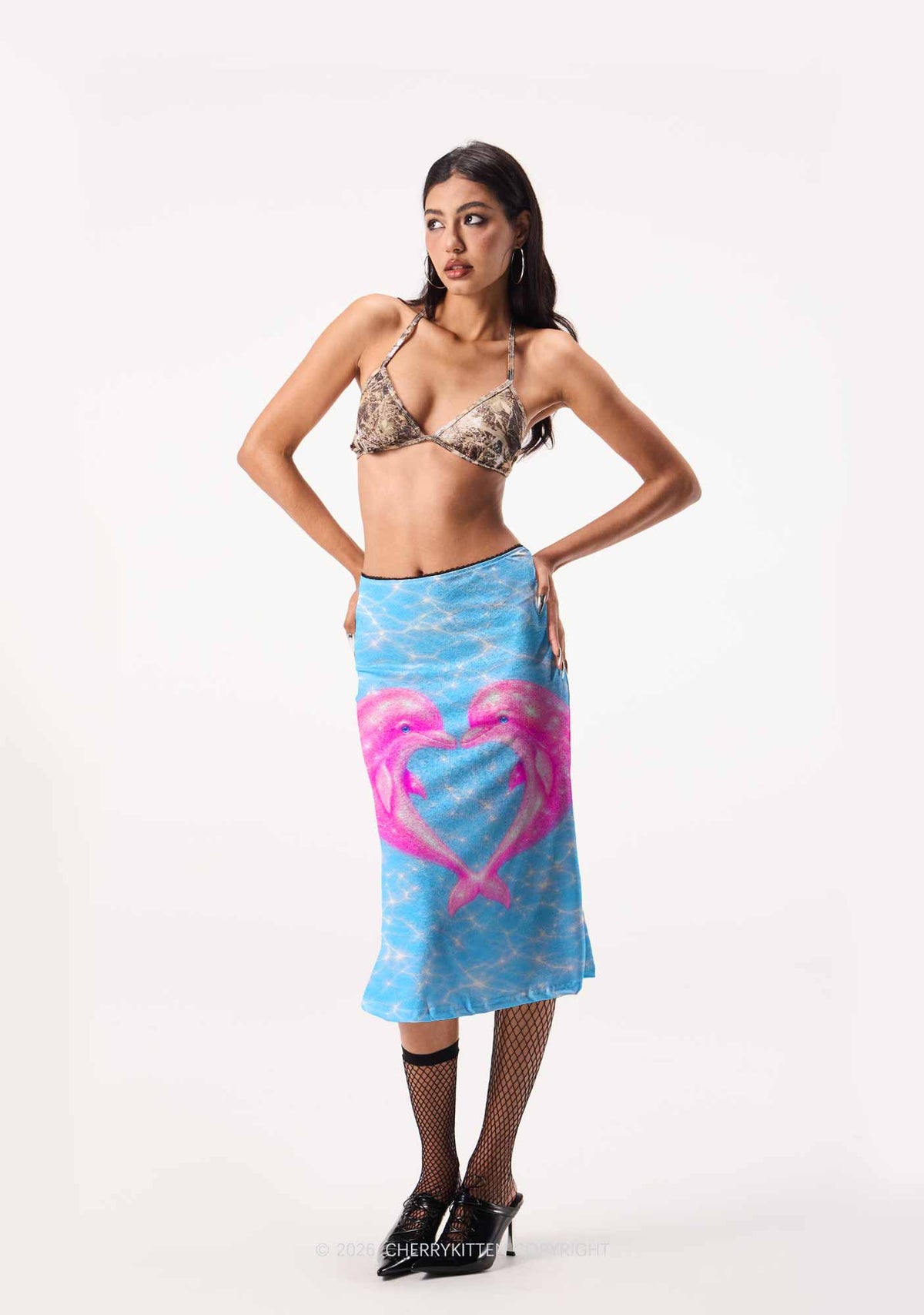 Pink Dolphin Couple Heart Y2K Print Midi Skirt Cherrykitten