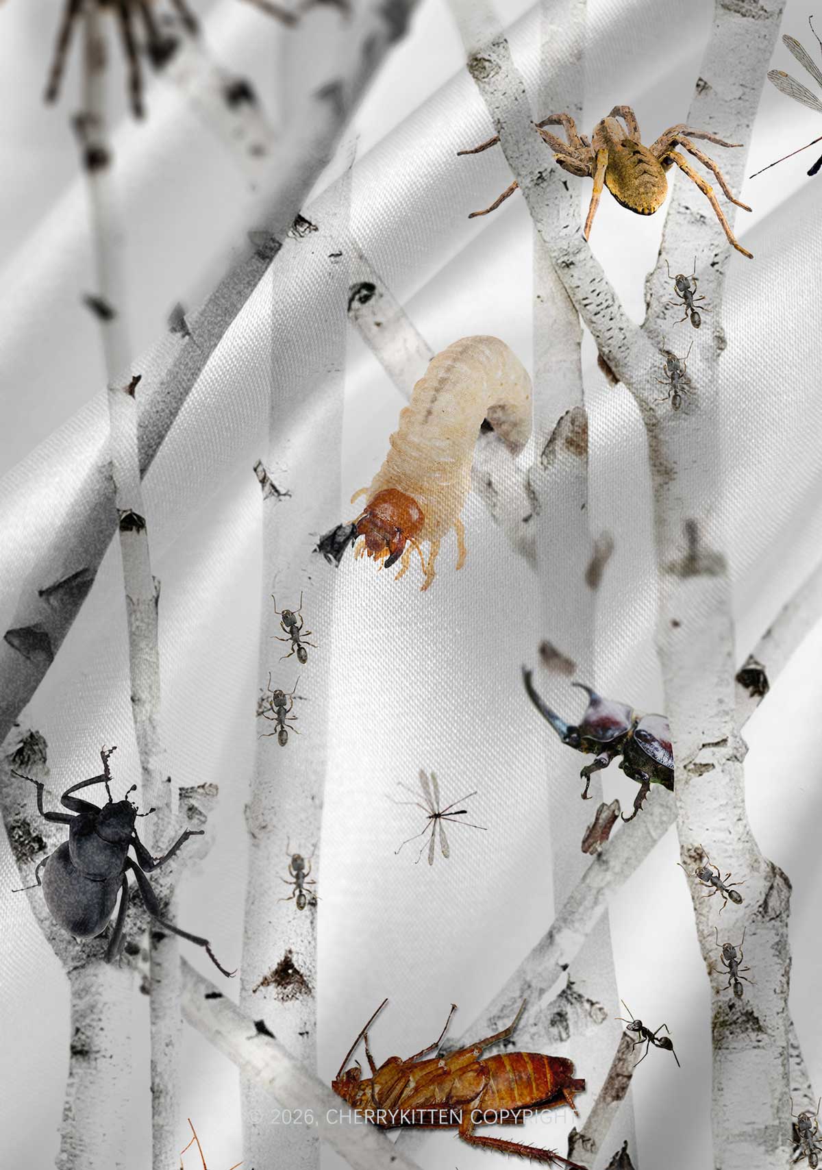 Insects On Birch Y2K Print Satin Cowl Neck Slip Dress Cherrykitten