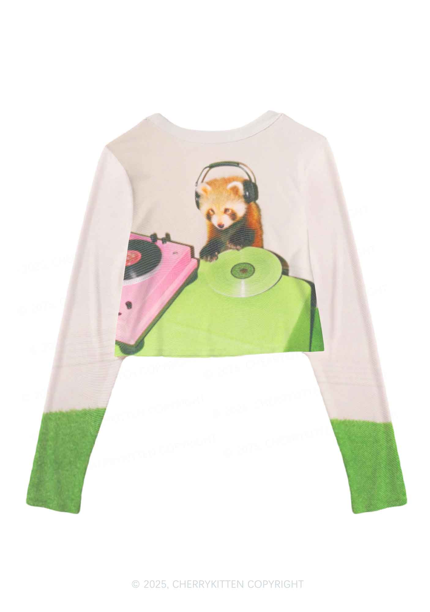 Red Panda DJ Y2K Mesh Long Sleeve Crop Top Cherrykitten