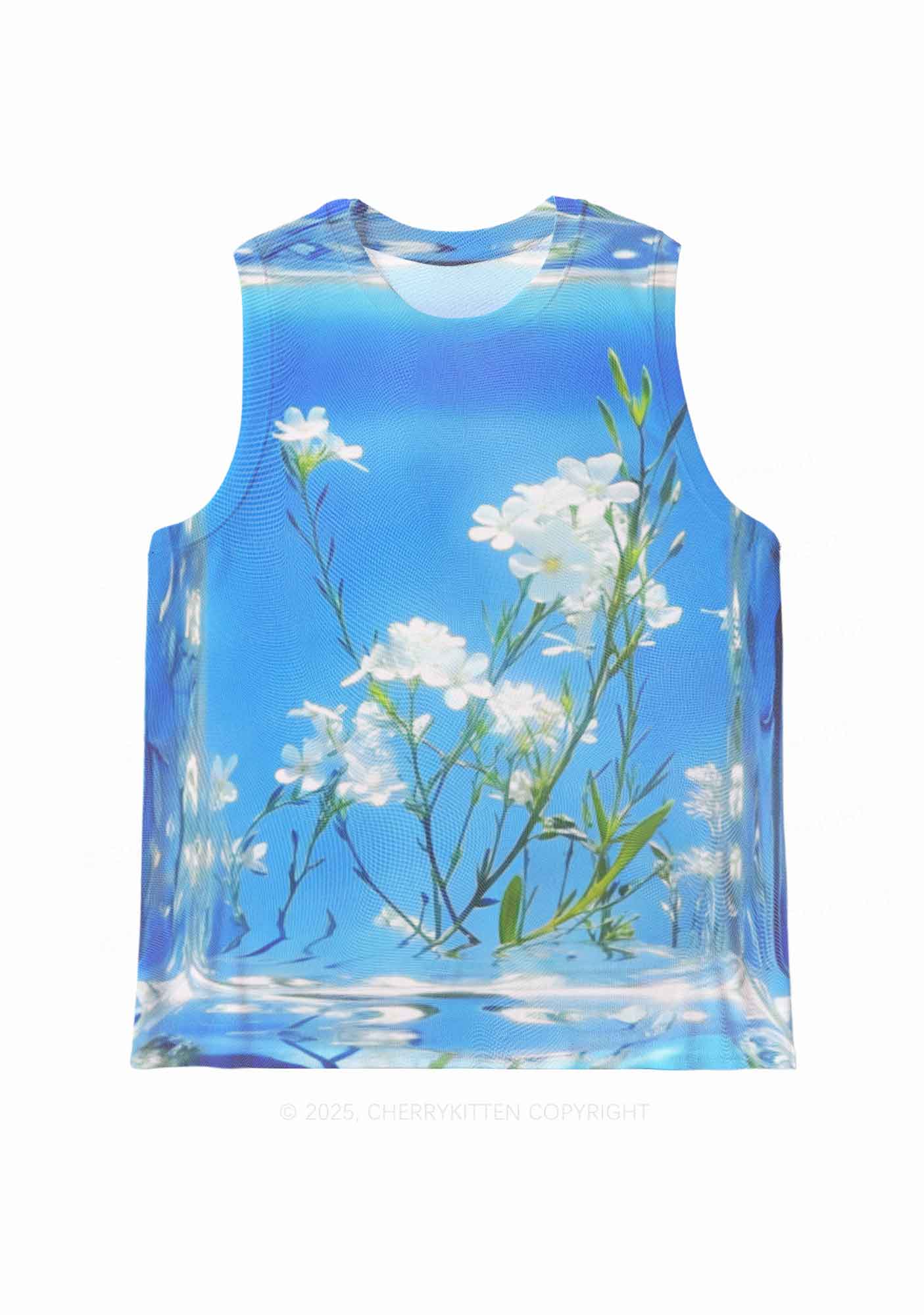 White Flowers Y2K Mesh Muscle Tank Cherrykitten