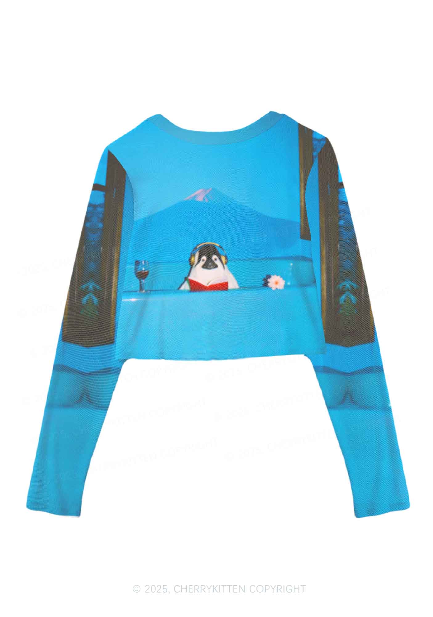 Penguin Reading Book Y2K Mesh Long Sleeve Crop Top Cherrykitten