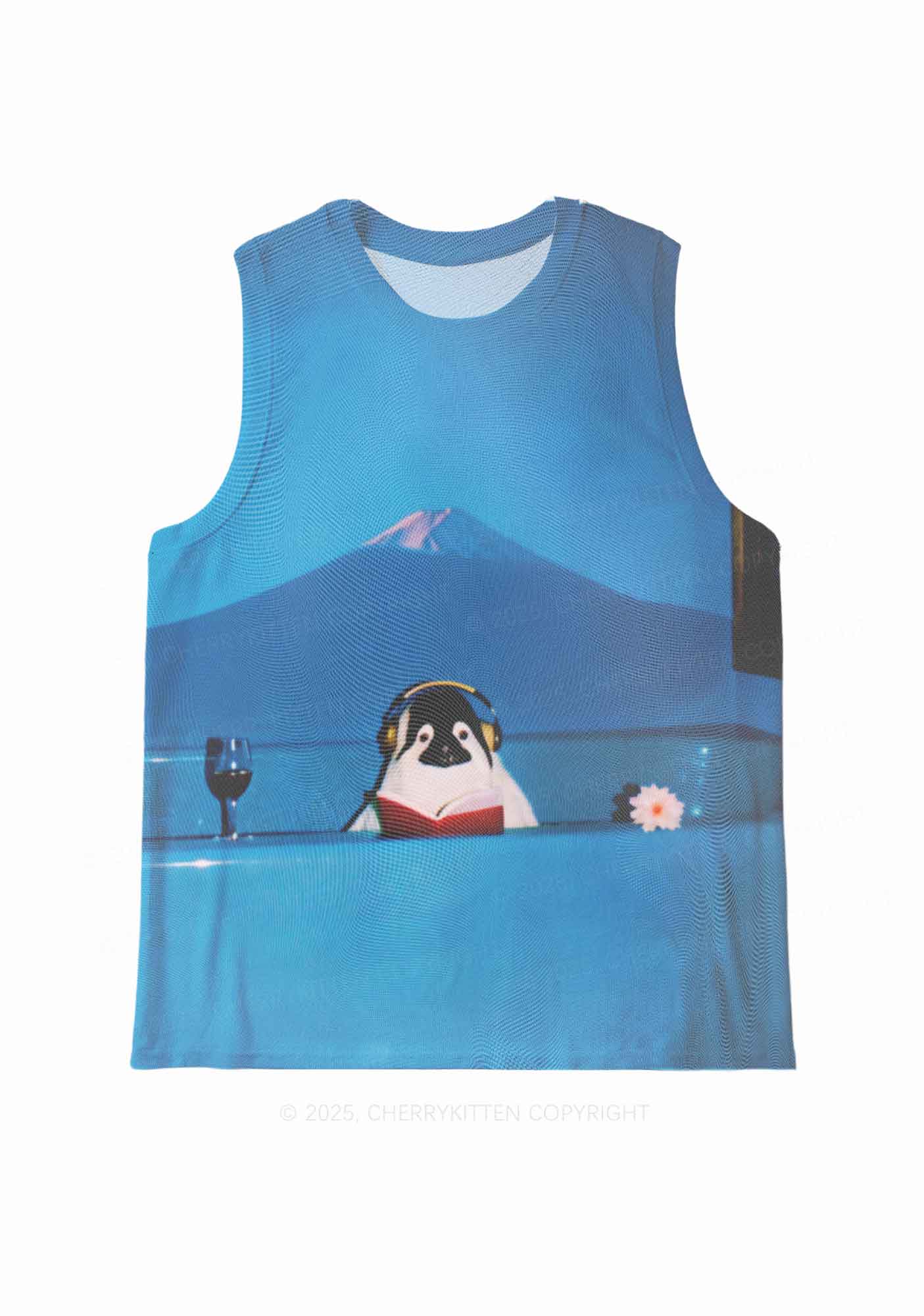 Penguin Reading Book Y2K Mesh Muscle Tank Cherrykitten