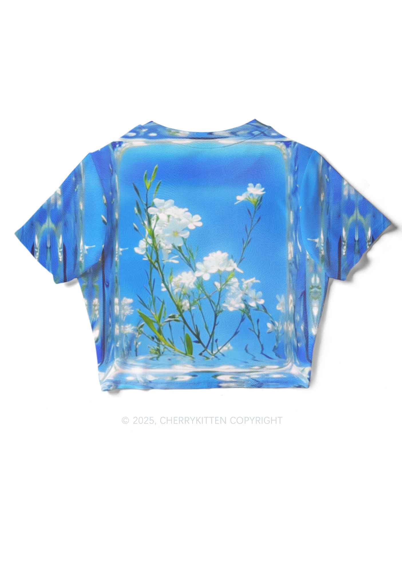 White Flowers Y2K Mesh Crop Top Cherrykitten