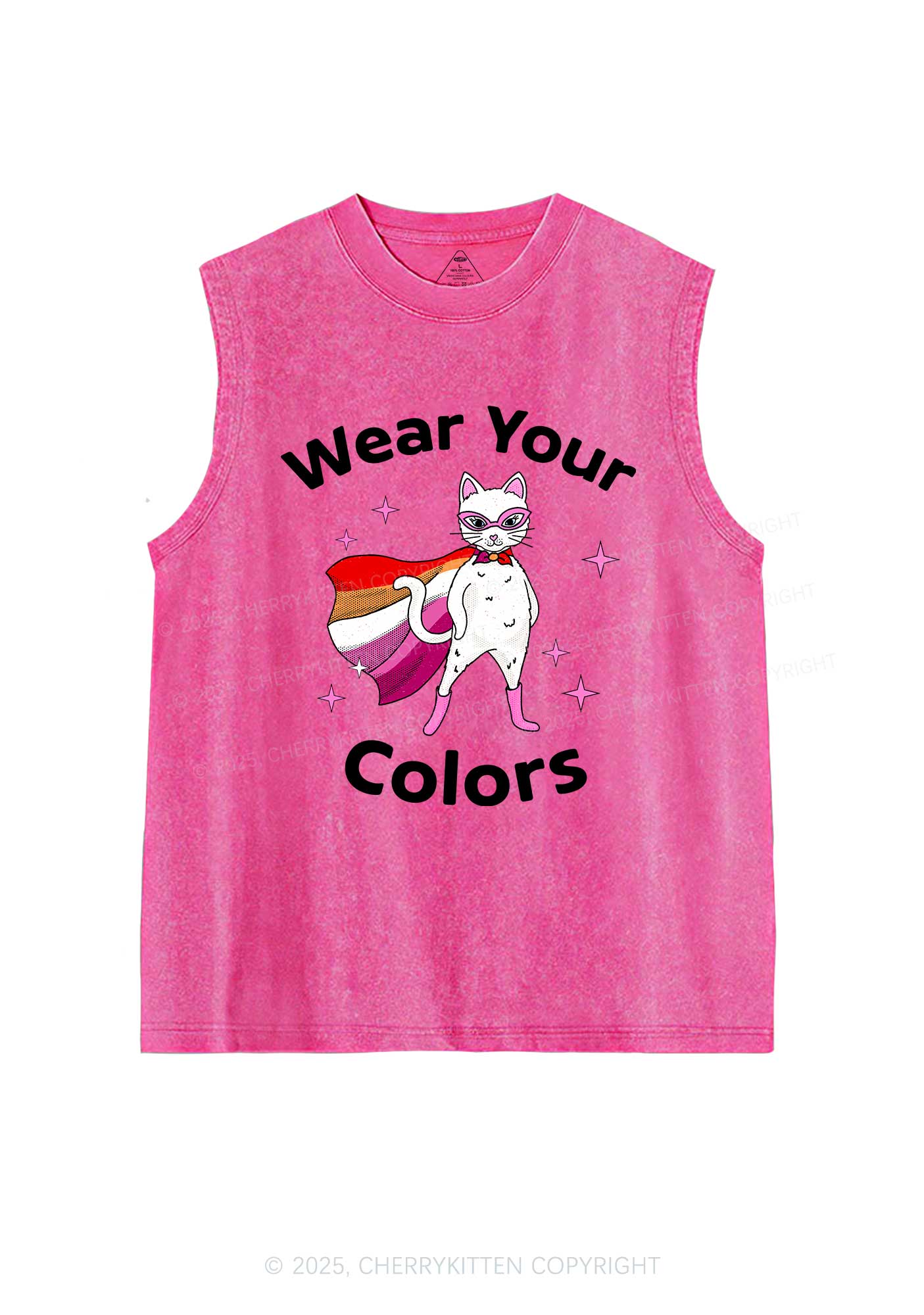 Lesbian Flag Cat Pride Y2K Washed Muscle Tank Cherrykitten