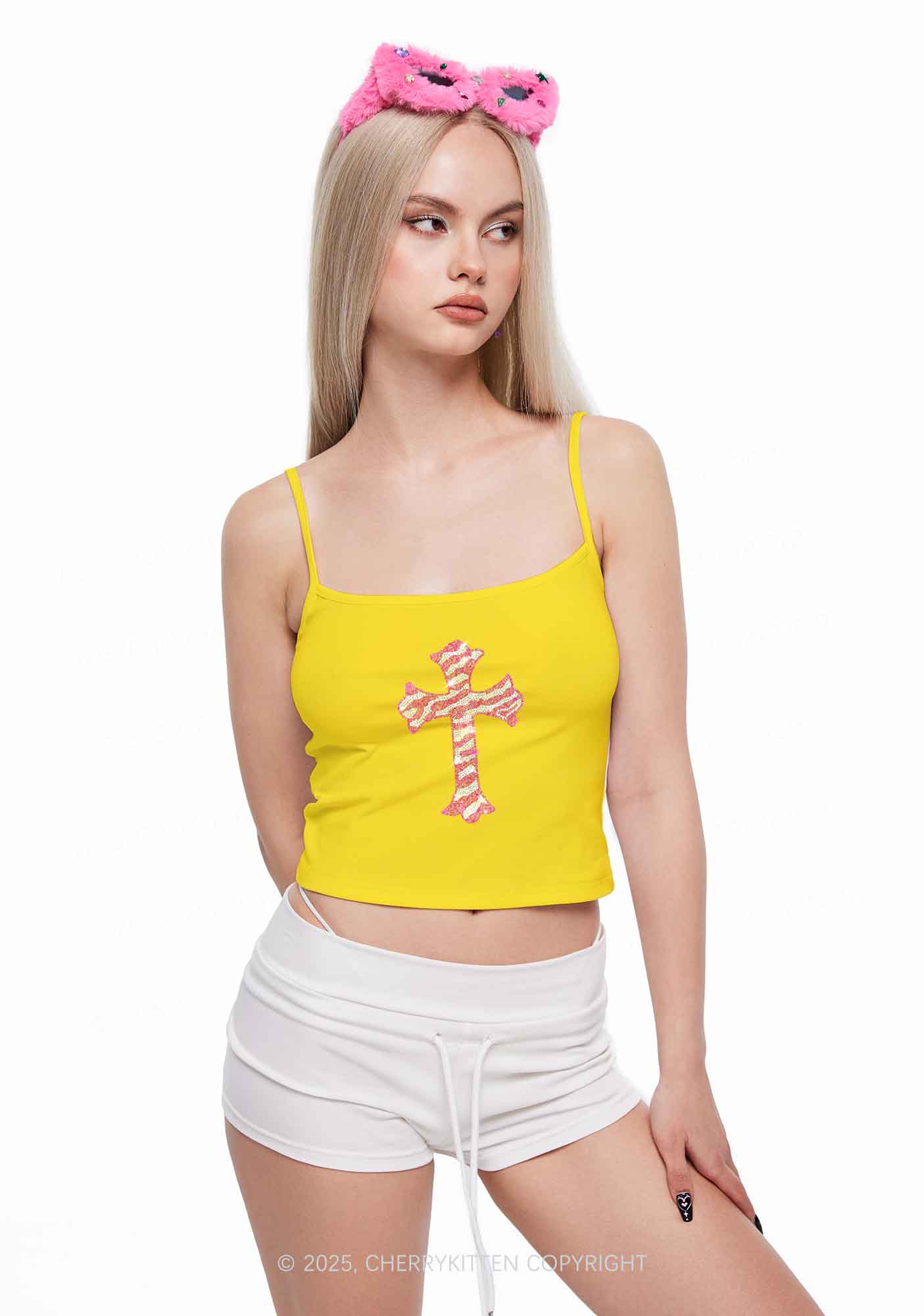 Rhinestone Pink Cross Y2K Spaghetti Strap Cami Cherrykitten