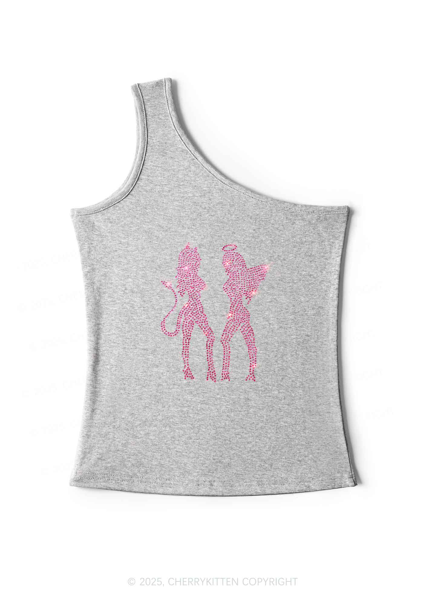 Rhinestone Dancing Girls Y2K One Shoulder Tank Top Cherrykitten