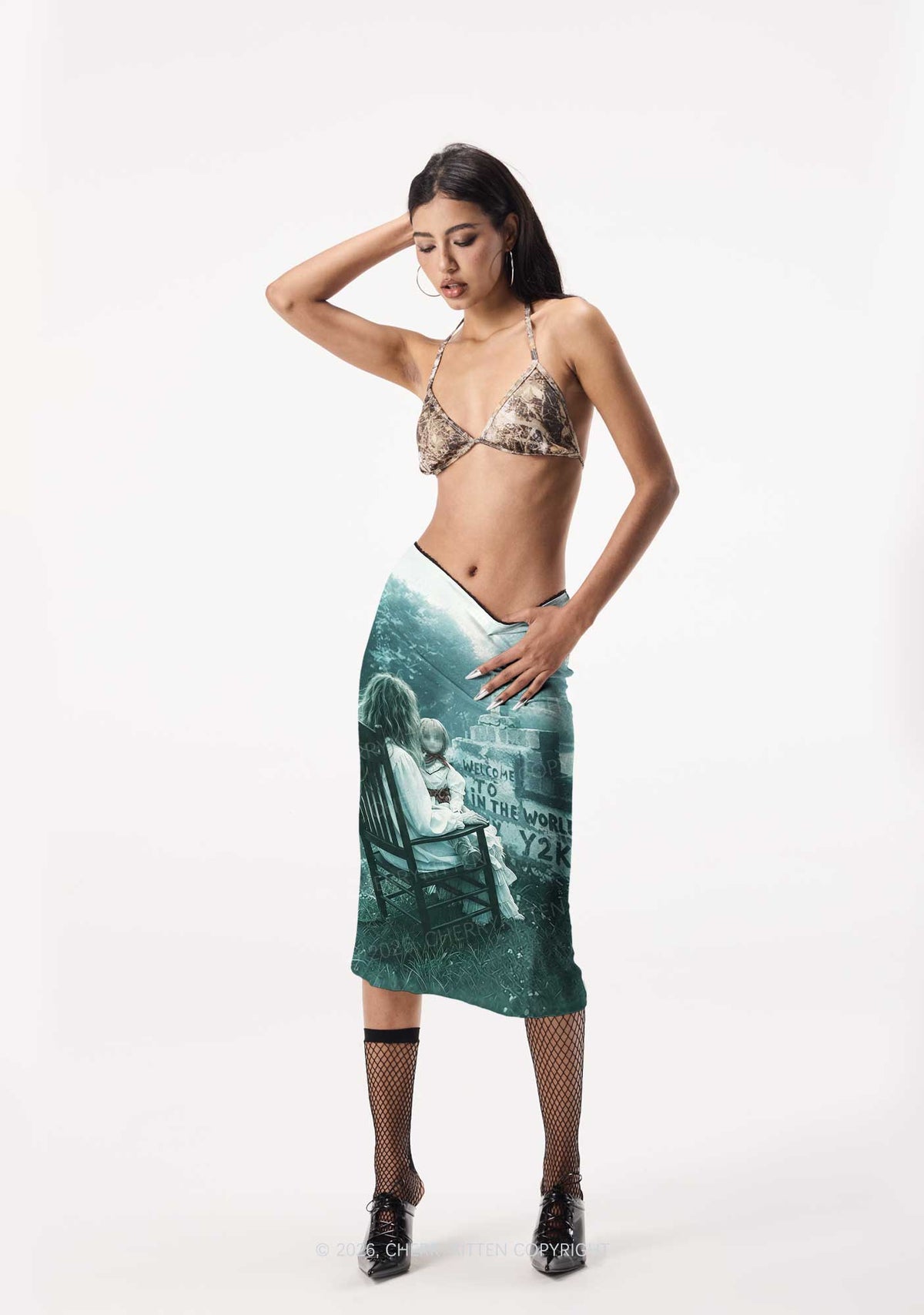 Halloween Graveyard Doll Y2K Print Midi Skirt Cherrykitten