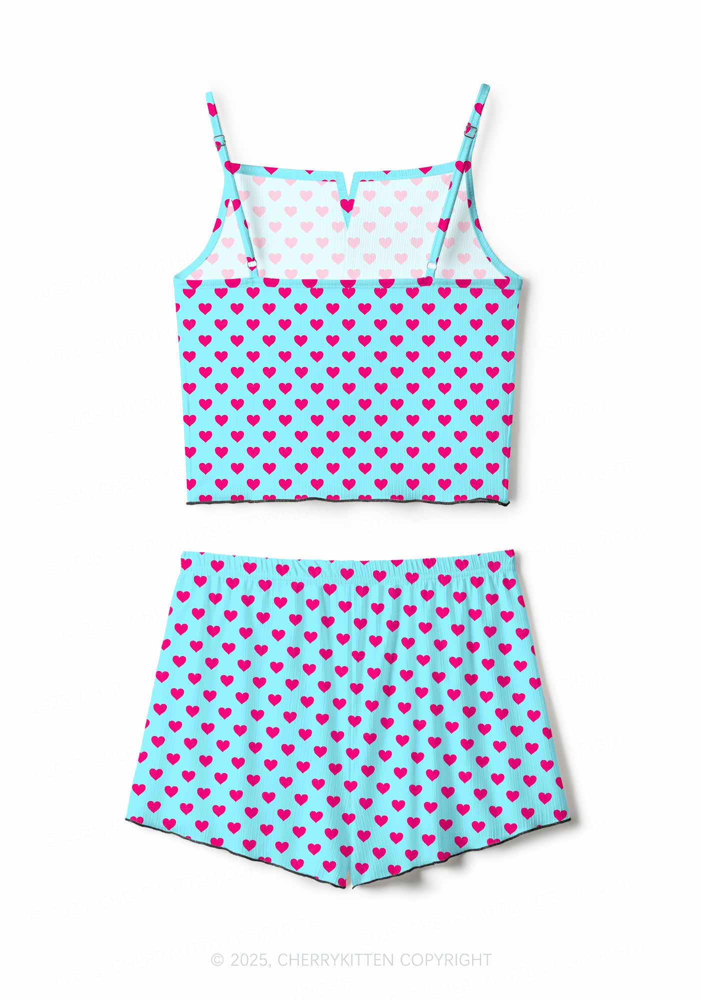 Pink Heart On Blue Valentine's Day Y2K Print Cami Shorts Pajama Set Cherrykitten