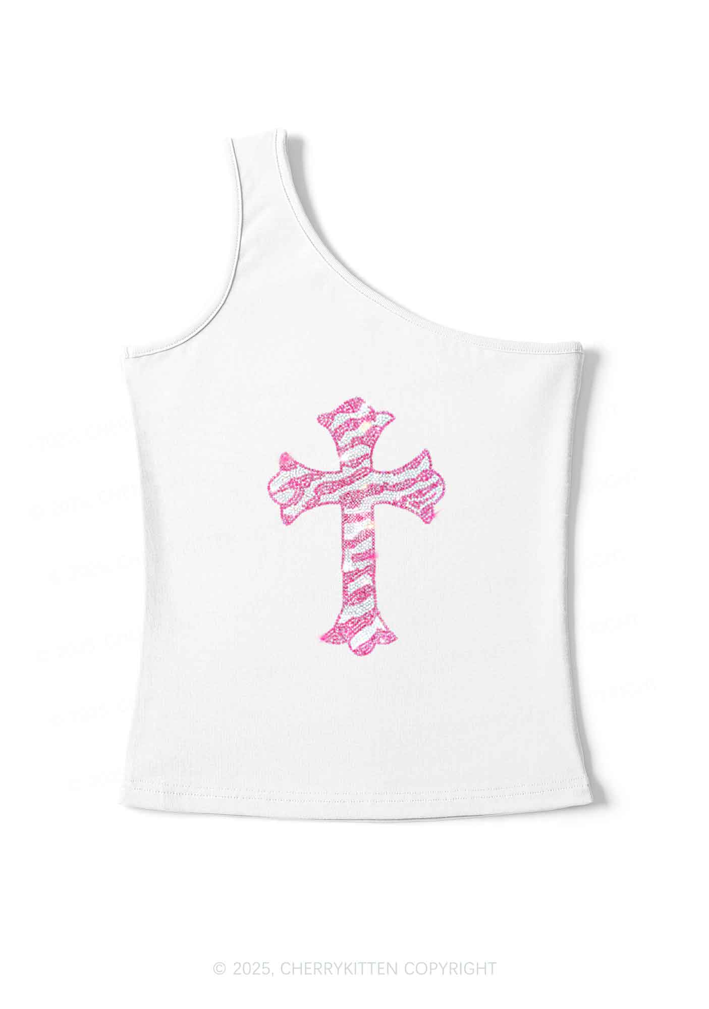 Rhinestone Pink Cross Y2K One Shoulder Tank Top Cherrykitten