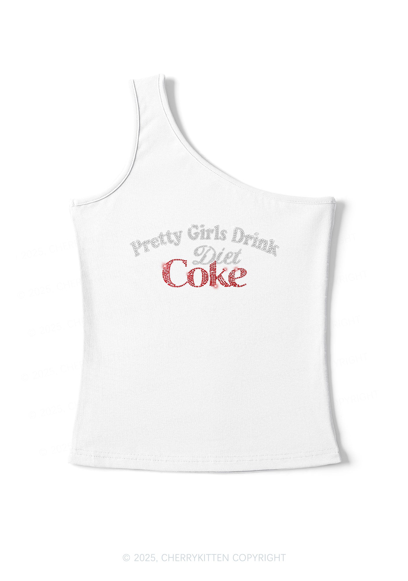 Rhinestone Pretty Girls Drink Diet Coke Y2K One Shoulder Tank Top Cherrykitten