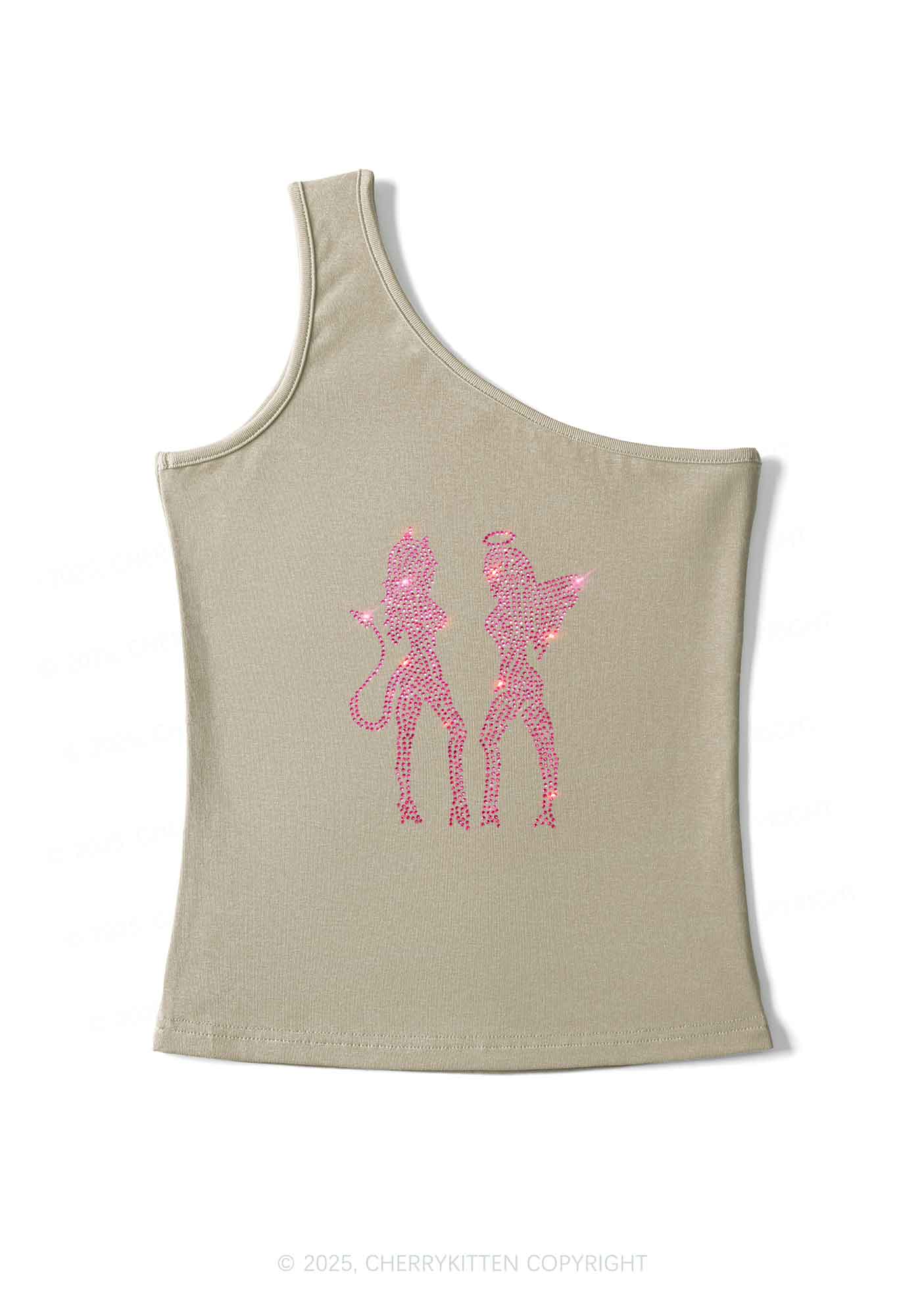 Rhinestone Dancing Girls Y2K One Shoulder Tank Top Cherrykitten