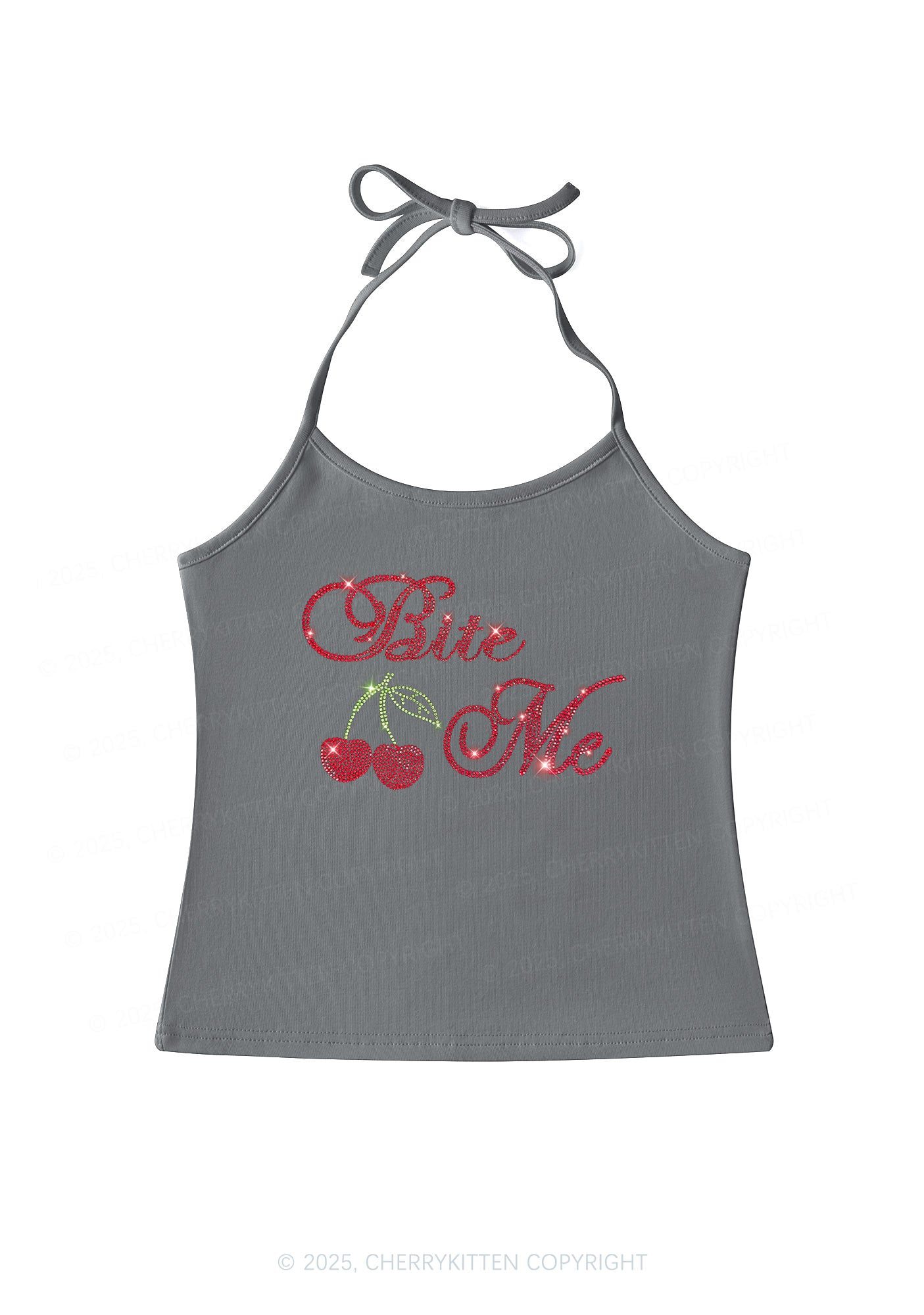 Rhinestone Red Cherry Bite Me Y2K Halter Neck Cami Cherrykitten